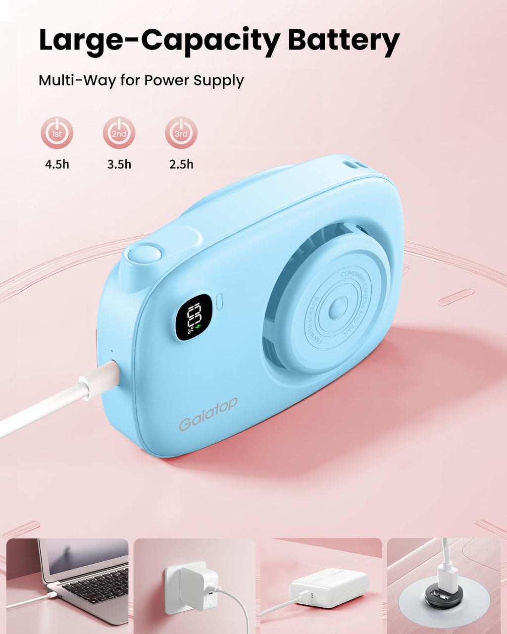 Gaiatop Mini Neck Fan, Rechargeable Handheld Desk Use, LED Power Display 3 Speed 360°Rotate Mirror for Lash Makeup, Cute Camera Design Small Portable USB Fans Personal Cooling Travel Essentials