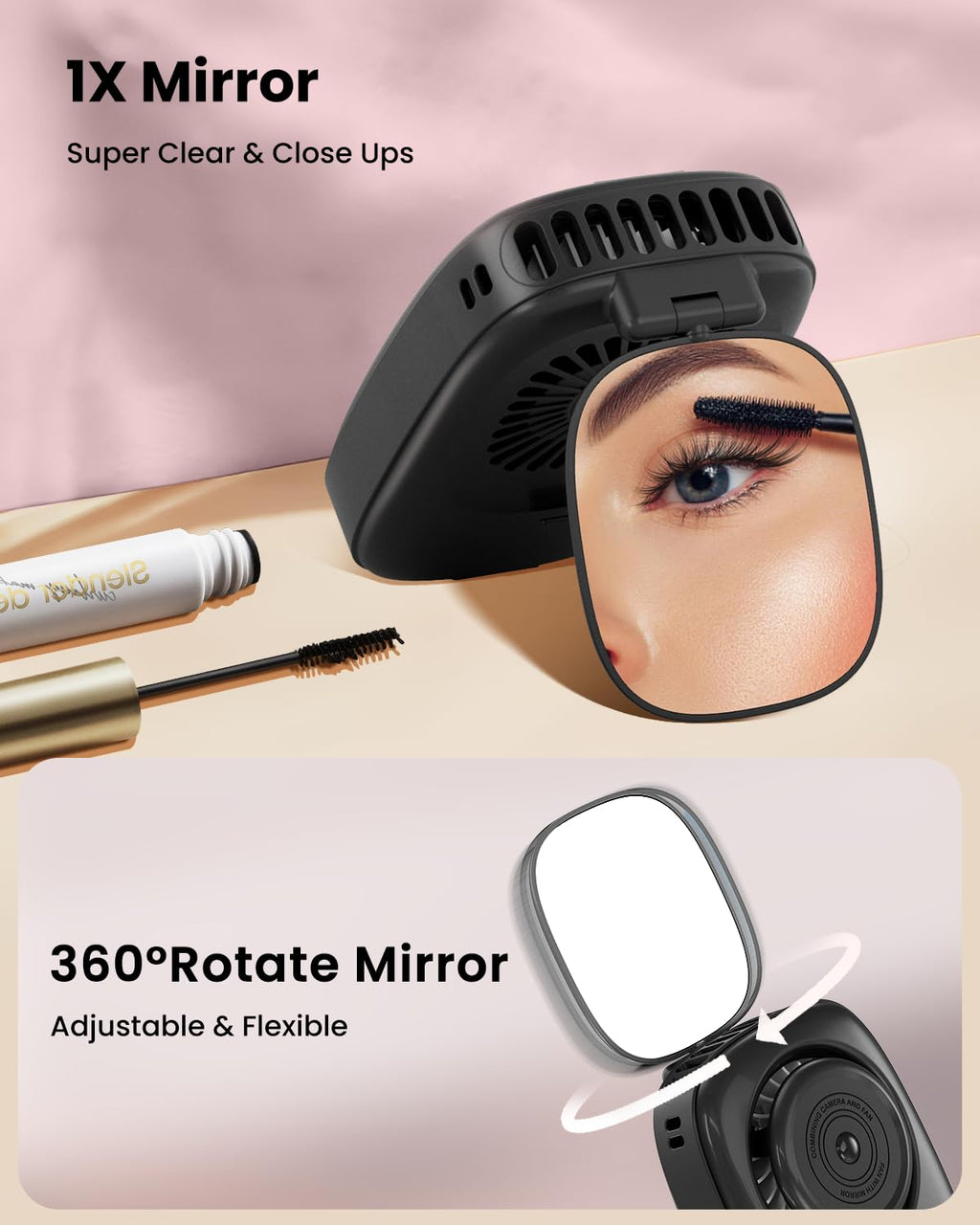 Gaiatop Mini Neck Fan, Rechargeable Handheld Desk Use, LED Power Display 3 Speed 360°Rotate Mirror for Lash Makeup, Cute Camera Design Small Portable USB Fans Personal Cooling Travel Essentials