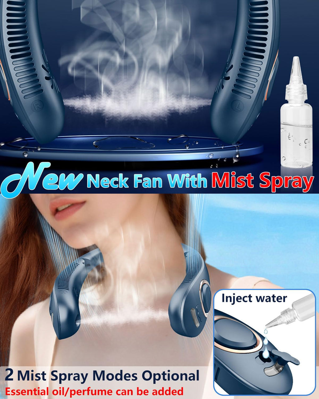 Portable Neck Fans with Mist, Rechargeable 4-9H Lasting Neck Cooling that Blow Cold Air, 5 Speeds & LED display, USB-C Bladeless Folding Personal Mister for Kid Adult Indoor Outdoors Sports, White