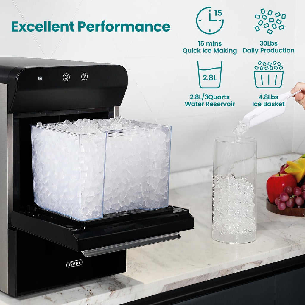Gevi V2.0 Countertop Gemi Nugget Ice Maker | Self-Cleaning Pellet Ice Machine | Stainless Steel Housing |16.7''H Fits Perfectly Under Wall Cabinet | Silver with Viewing Window