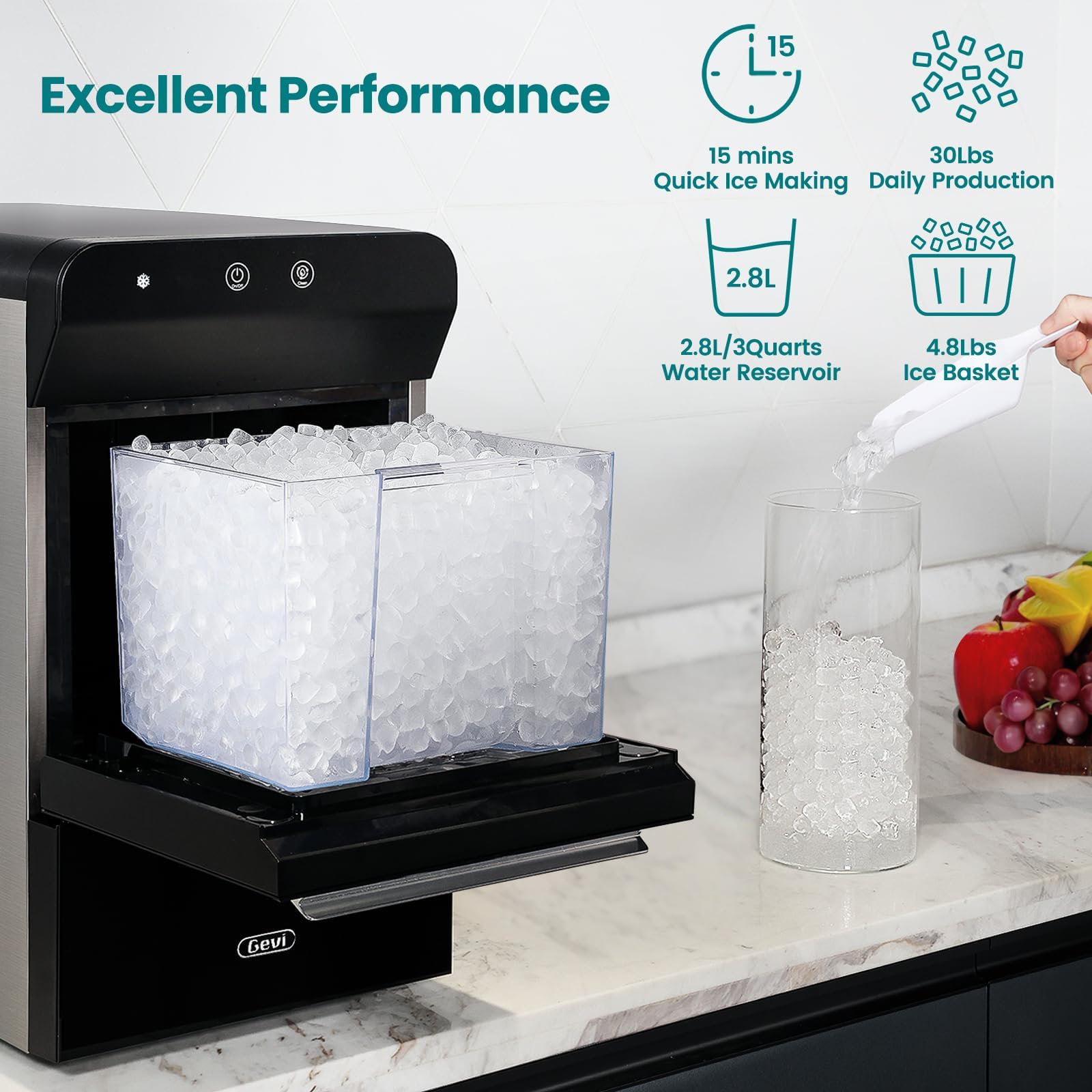 Gevi V2.0 Countertop Gemi Nugget Ice Maker | Self-Cleaning Pellet Ice Machine | Stainless Steel Housing |16.7''H Fits Perfectly Under Wall Cabinet | Silver with Viewing Window