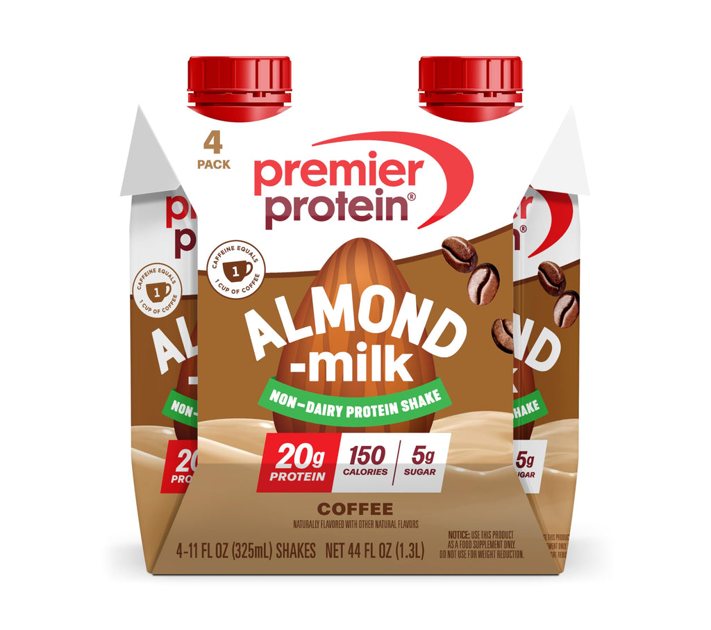 Premier Protein Non-Dairy Plant Based Almondmilk Protein Shake, Coffee with Caffeine for Energy – 20g Protein, 5g Sugar, 11 fl oz, 4 Pack