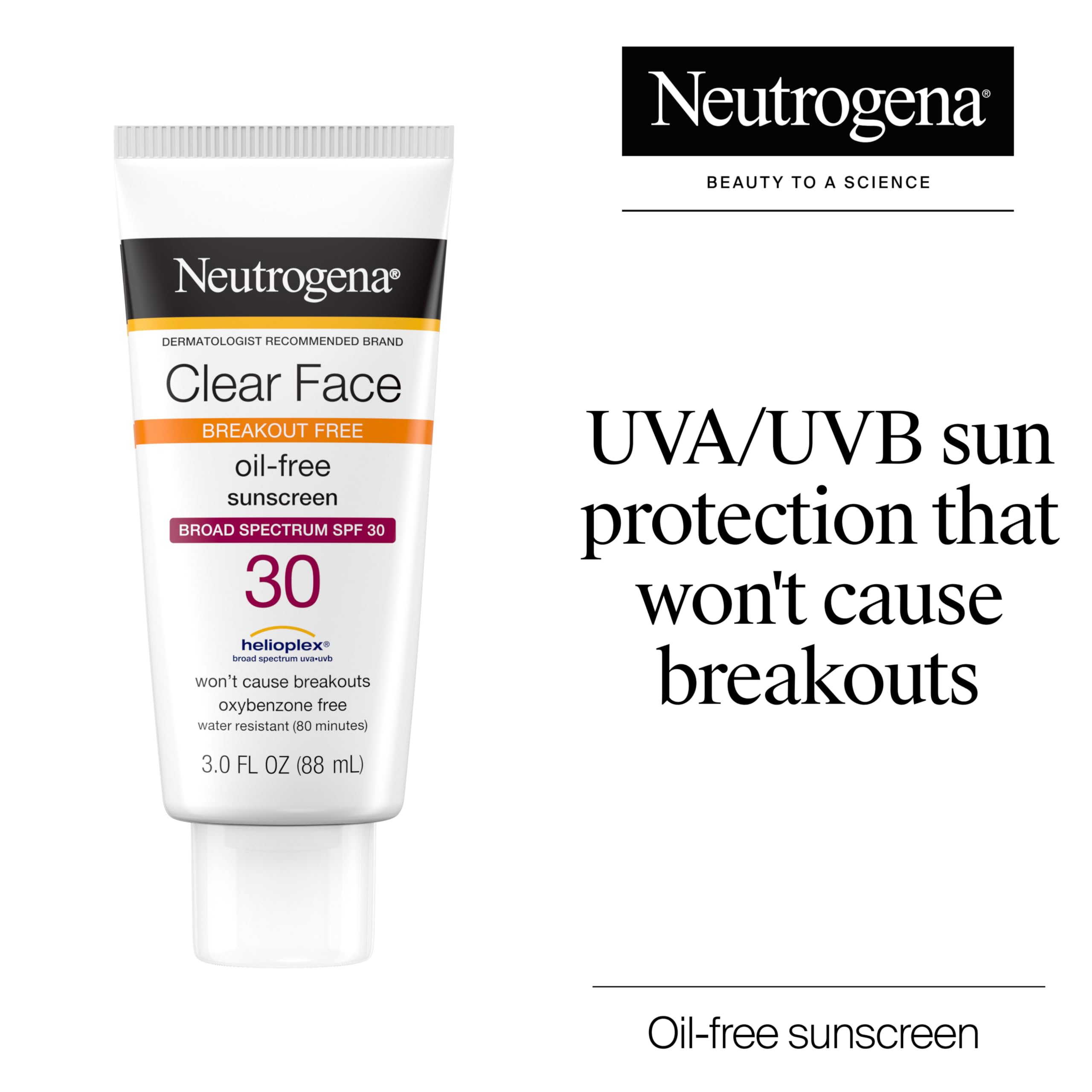 Neutrogena Clear Face Sunscreen for Acne-Prone Skin SPF 30, Broad Spectrum Facial Sunscreen Lotion, Lightweight, Non Comedogenic, Fragrance- & Oxybenzone-Free Water Resistant (80 min), 3 fl. oz