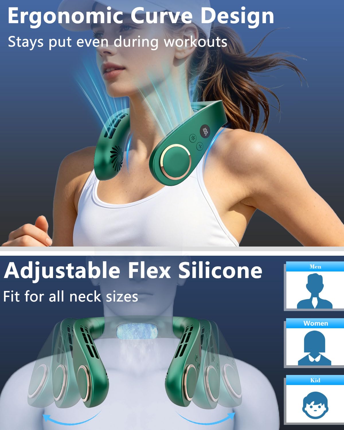 Neck Fan with Cooling Plate,5500mAh Rechargeable, Ultra Quiet Operation, 5 Speeds & 3 Cooling Modes, USB-C Fast Charging, LED Display Battery & Gear, Bladeless Fans that Blow Cold Air for Travel Blue