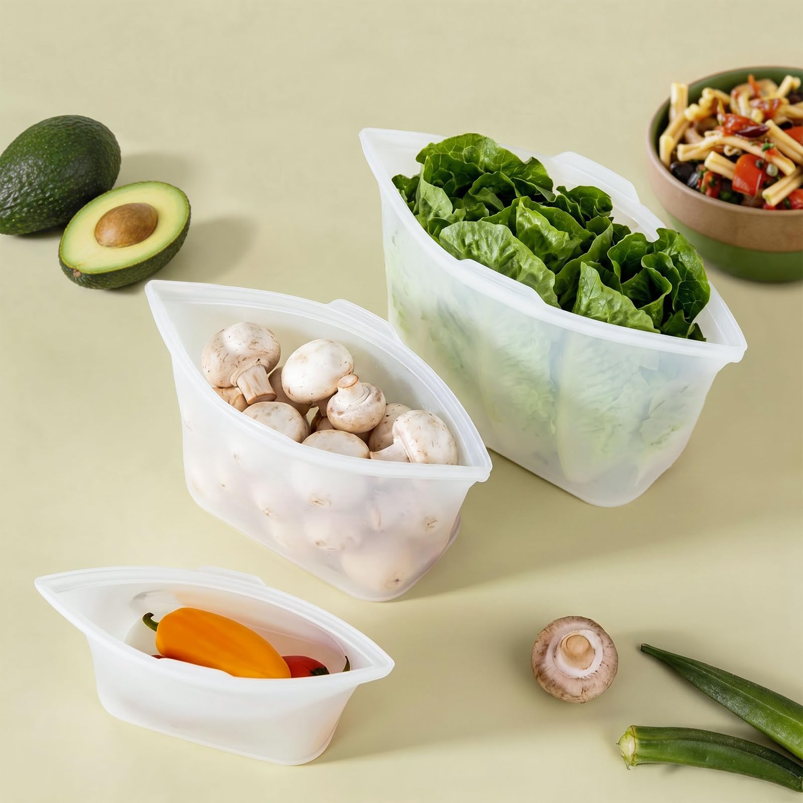 Reusable Silicone Food Storage Bags, 100% Silicone Stand-Up Wide-Open Zip-Lock Reusable Storage Bags for Food, Freezer Microwave Oven Dishwasher Safe (Translucent | M+S | 8 PC)