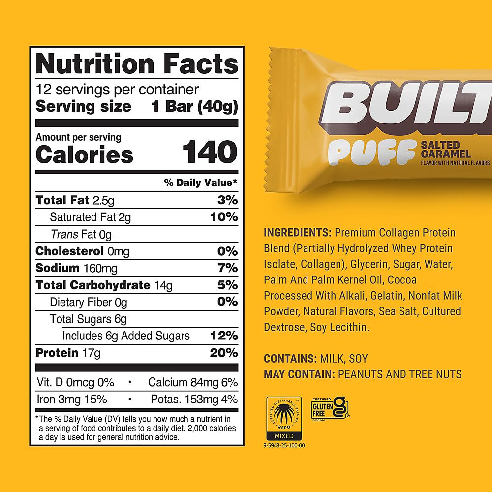 BUILT Bar Puff Protein Bars - Variety Pack - 15-17g Protein Snack Bars with Collagen - Calorie Conscious & Gluten Free - 12 Count, Variety May Vary | Protein Snack Bars with Collagen, Calorie Conscious, Gluten Free