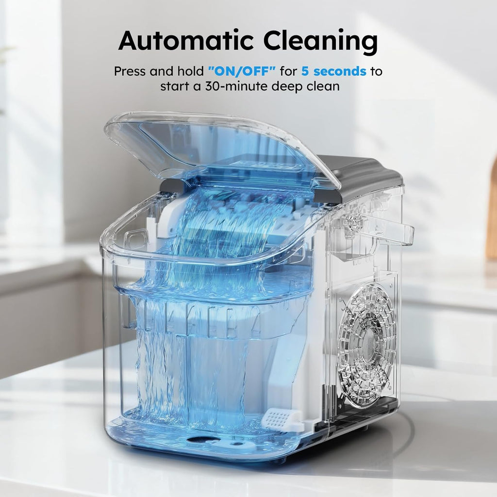 Ice Maker Countertop, 26lbs/24H Self-Cleaning Ice Machine with Handle, 8 Bullet Ice Cubes Ready in 6 Mins, Compact Ice Maker with Basket and Scoop for Home, Kitchen, Office, RV, Party