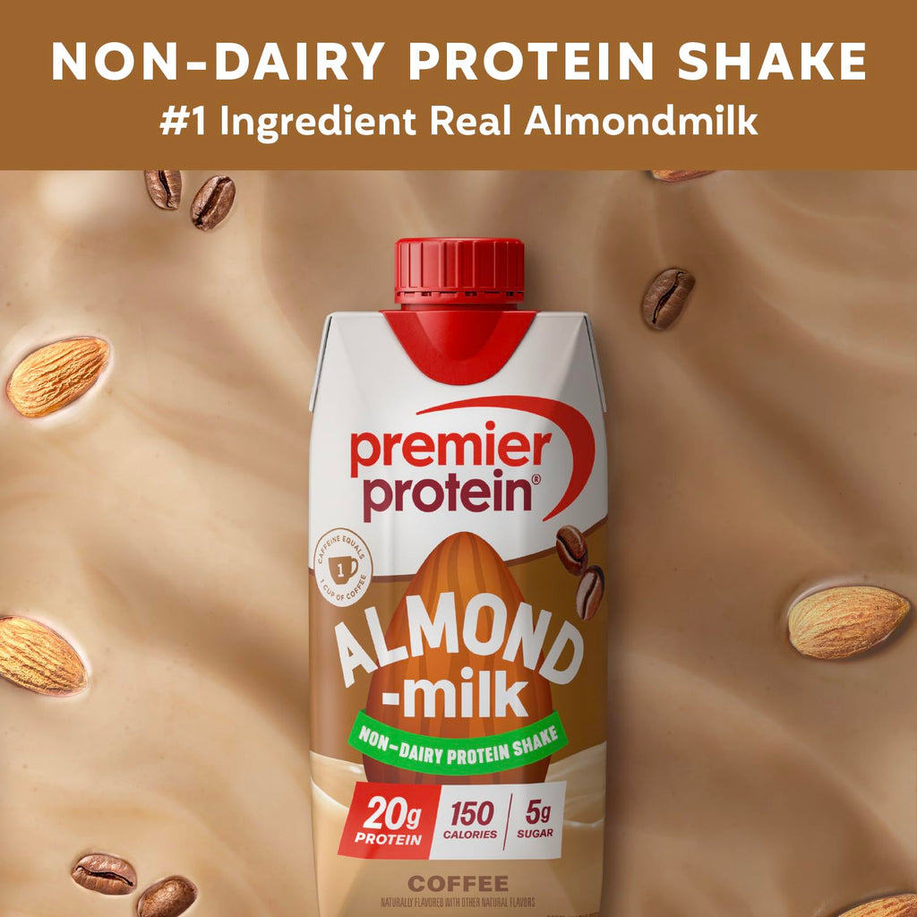 Premier Protein Non-Dairy Plant Based Almondmilk Protein Shake, Coffee with Caffeine for Energy – 20g Protein, 5g Sugar, 11 fl oz, 4 Pack