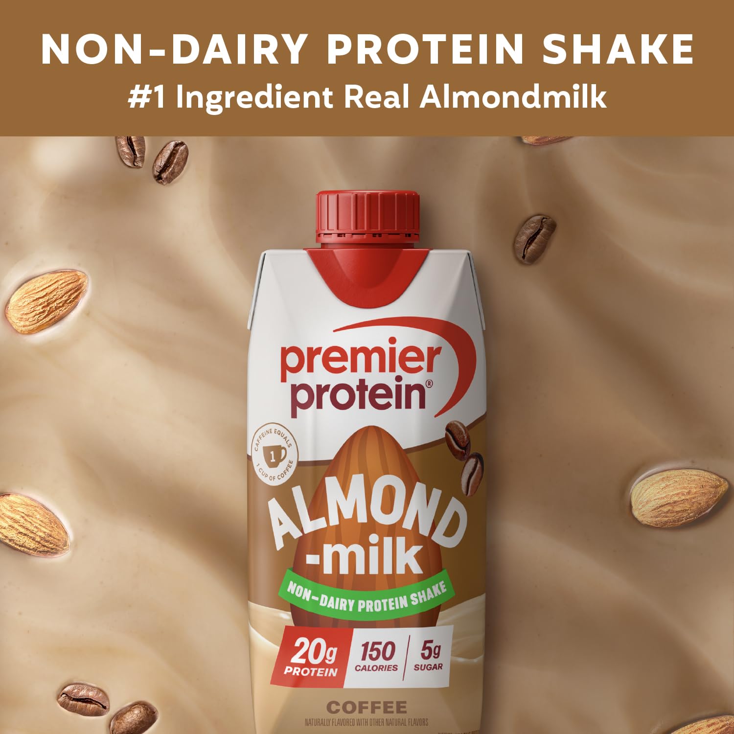 Premier Protein Non-Dairy Plant Based Almondmilk Protein Shake, Coffee with Caffeine for Energy – 20g Protein, 5g Sugar, 11 fl oz, 4 Pack