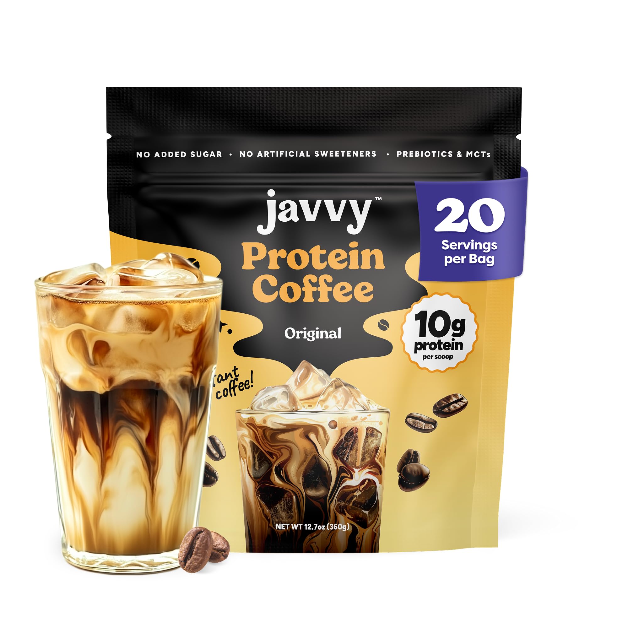 Javvy Protein Iced Coffee - Premium Whey Protein & Iced Coffees, 100% Natural Cold Brew, Zero Artificial Flavors & Sweeteners, 80mg Caffeine, No Added Sugar, 20 Servings, Caramel, 1 Pack