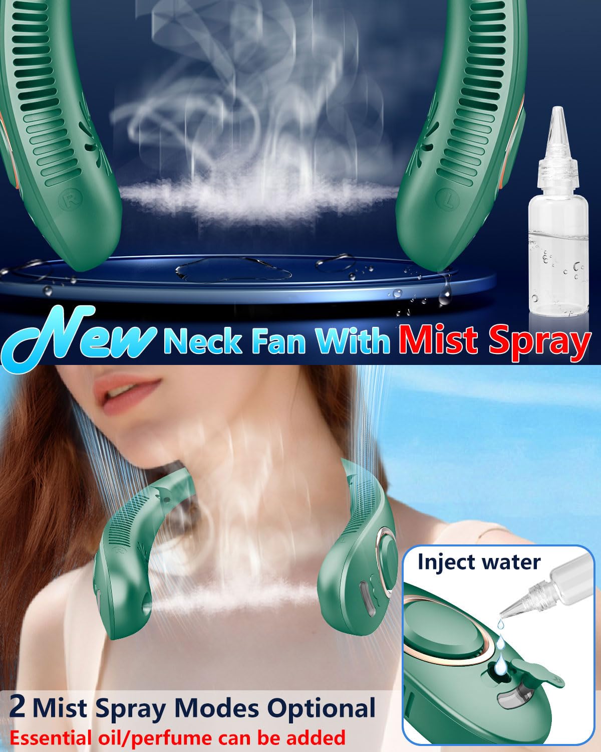 Portable Neck Fans with Mist, Rechargeable 4-9H Lasting Neck Cooling that Blow Cold Air, 5 Speeds & LED display, USB-C Bladeless Folding Personal Mister for Kid Adult Indoor Outdoors Sports, White