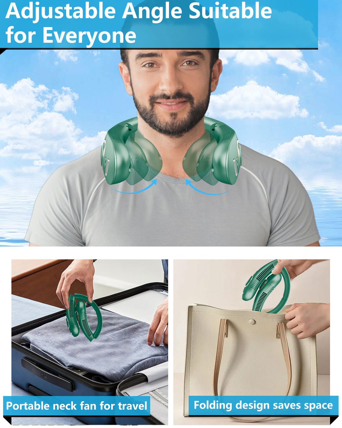 Portable Neck Fans with Mist, Rechargeable 4-9H Lasting Neck Cooling that Blow Cold Air, 5 Speeds & LED display, USB-C Bladeless Folding Personal Mister for Kid Adult Indoor Outdoors Sports, White