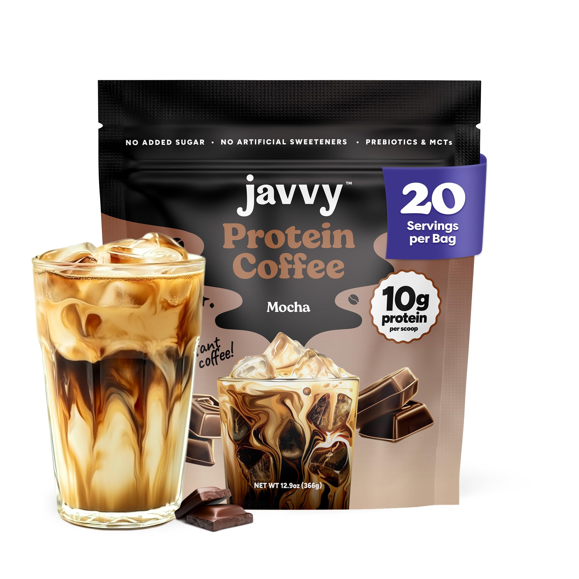Javvy Protein Iced Coffee - Premium Whey Protein & Iced Coffees, 100% Natural Cold Brew, Zero Artificial Flavors & Sweeteners, 80mg Caffeine, No Added Sugar, 20 Servings, Caramel, 1 Pack