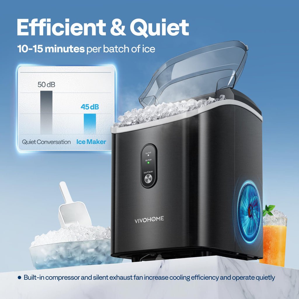 VIVOHOME Nugget Ice Maker Countertop, 45lbs/Day Pebble Ice Maker Machine, Soft Chewable Pellet Ice Machine with Self-Cleaning, Scoop, 10 Ice Bags, for Home Kitchen, RV, Camping, Office