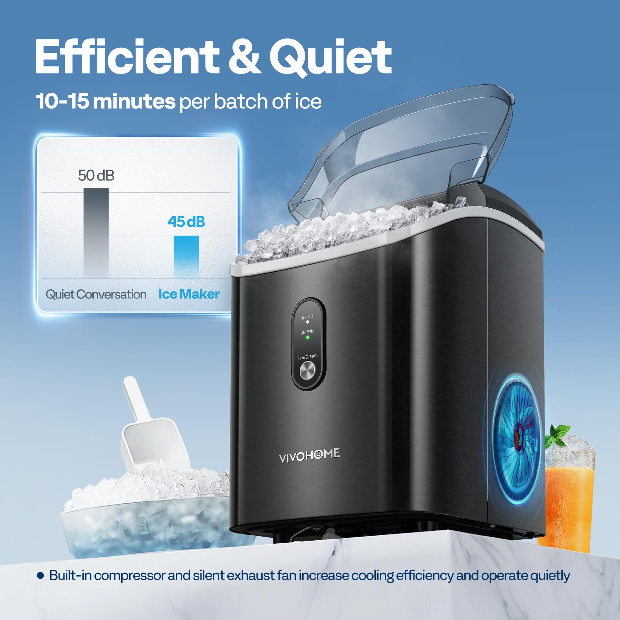 VIVOHOME Nugget Ice Maker Countertop, 45lbs/Day Pebble Ice Maker Machine, Soft Chewable Pellet Ice Machine with Self-Cleaning, Scoop, 10 Ice Bags, for Home Kitchen, RV, Camping, Office