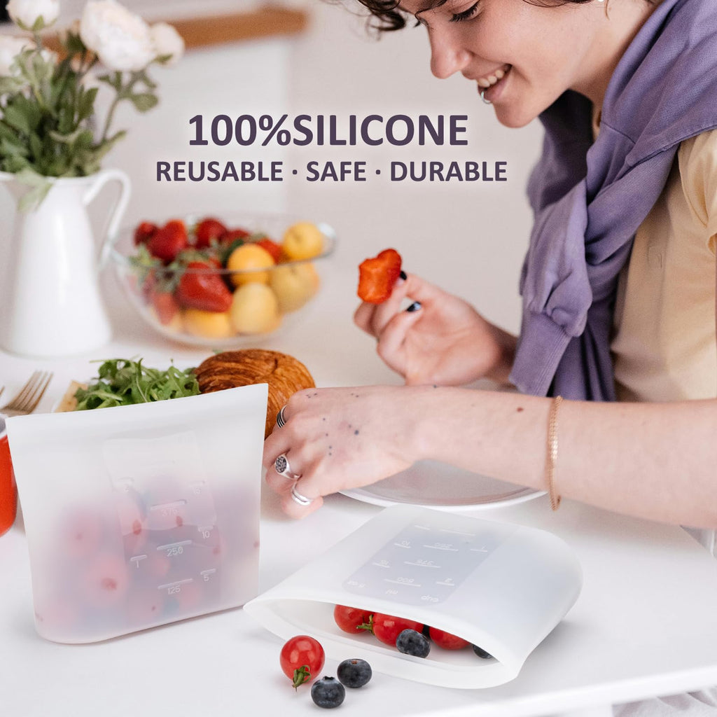 Extra Large Reusable Silicone Food Storage Bags 4 Pack, 0.8 Gallon/3000ml, 100% Silicone Stand-Up Wide-Open Zip-Lock Reusable Bags for Large Items, Microwave Freezer Oven Dishwasher Safe, Translucent