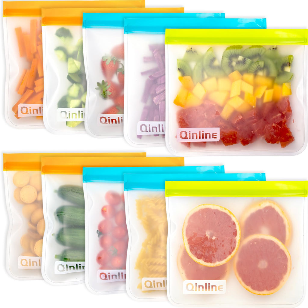Qinline Reusable Food Storage Bags - 10 Pack Freezer Bags, Reusable Bags Silicone, Extra Thick Leakproof Reusable Lunch Bag for Salad Fruit Snack Travel - 2 Gallon 4 Sandwich 4 Snack Bags