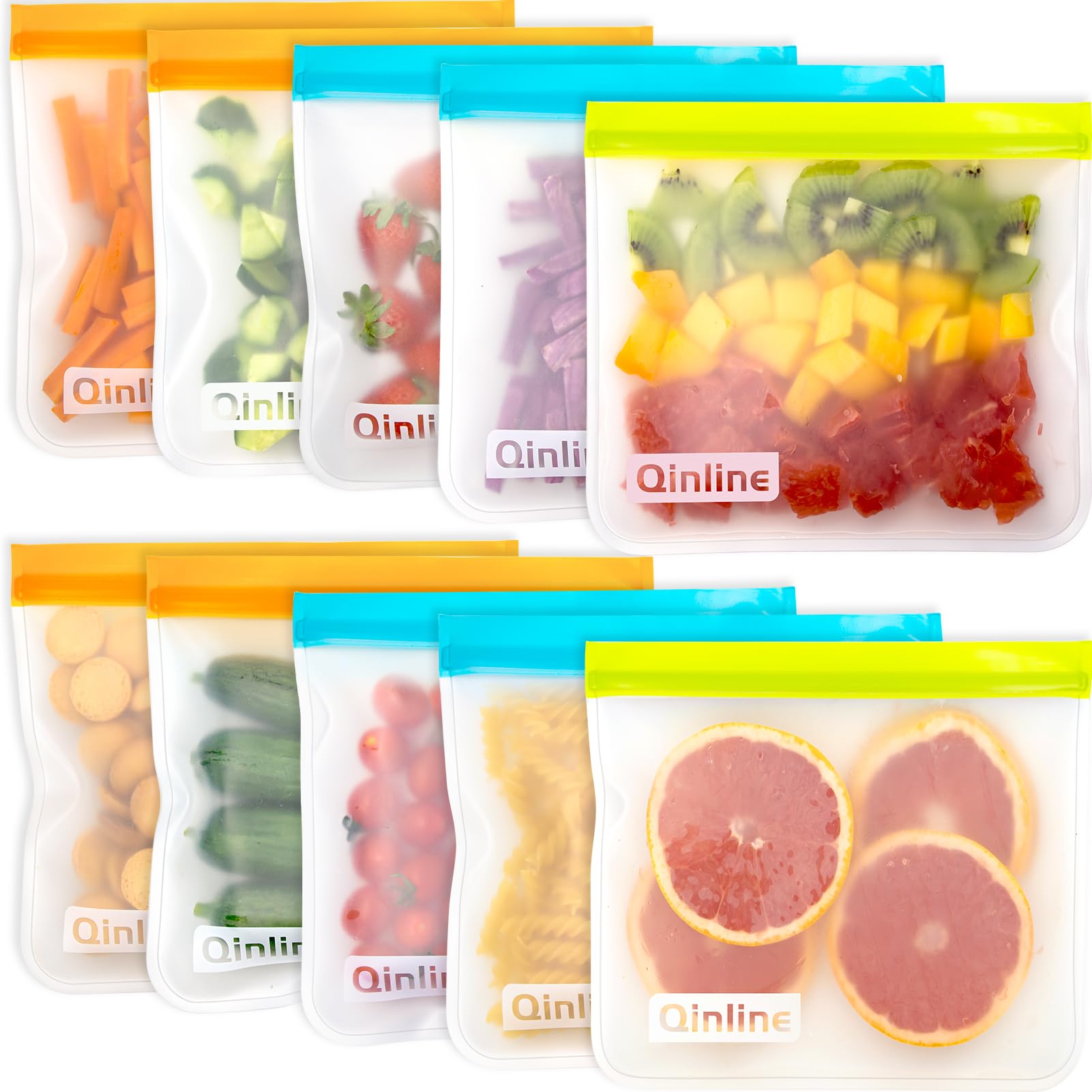 Qinline Reusable Food Storage Bags - 10 Pack Freezer Bags, Reusable Bags Silicone, Extra Thick Leakproof Reusable Lunch Bag for Salad Fruit Snack Travel - 2 Gallon 4 Sandwich 4 Snack Bags