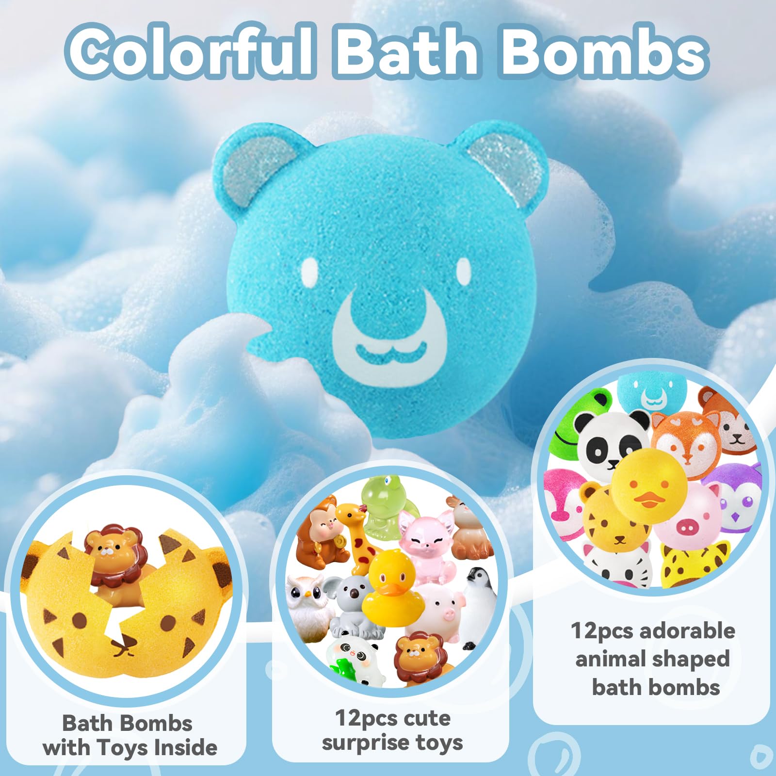 Bath Bombs for Kids with Surprise Toys Inside, 12 Pcs Bubble Bath Fizzy Balls with 12 Animal Shapes, Natural Bath Bombs Birthday Christmas Gift Set for Kids Girls Boys Toddlers