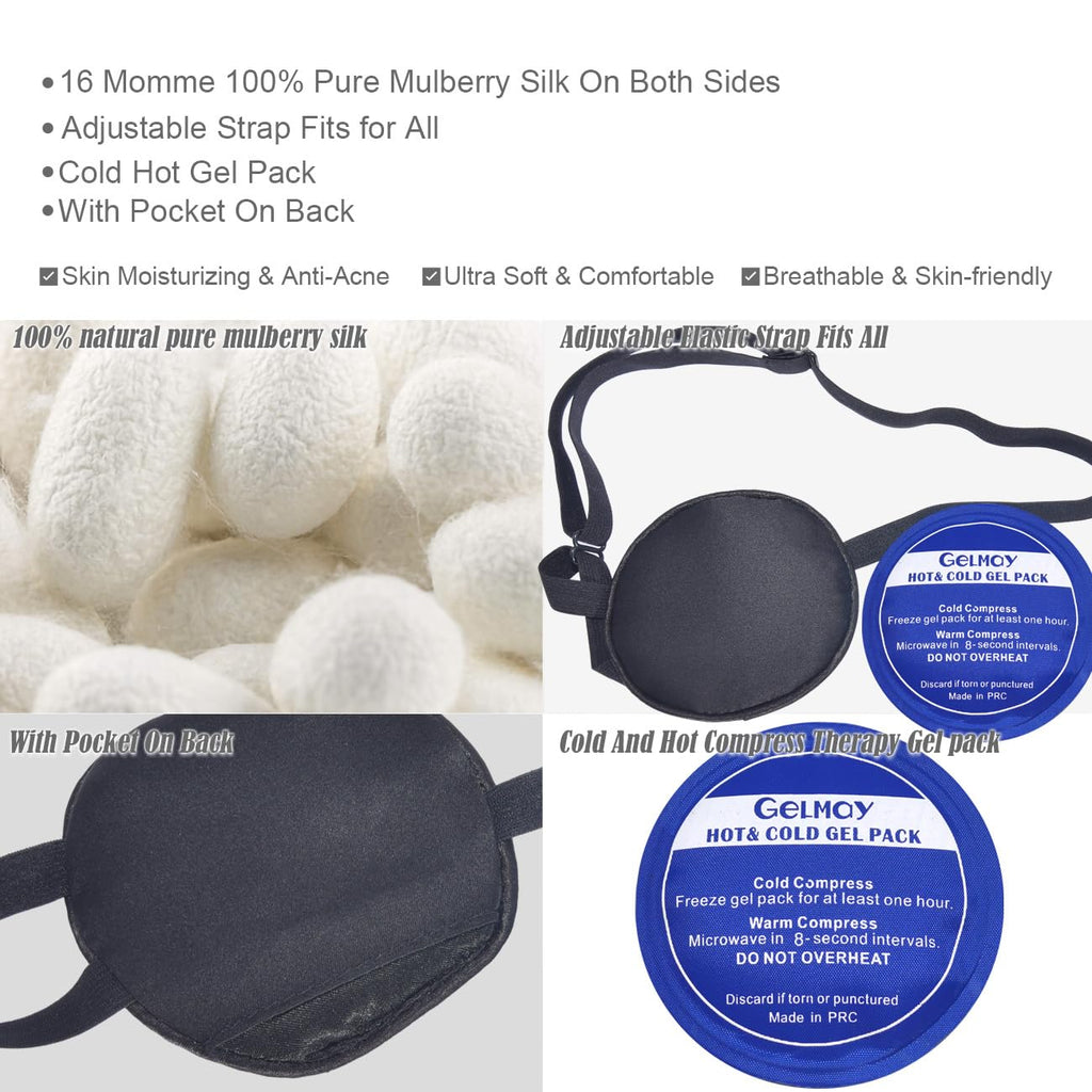 Cooling Eye Patches for Puffy Eyes, Pure Silk Ice Eye Patch, Single Eye Mask, Medical One Eye Cover Cold Hot Therapy Strabismus Lazy Eyes After Surgery Adult Kid Pirate Eyepatch (Black)