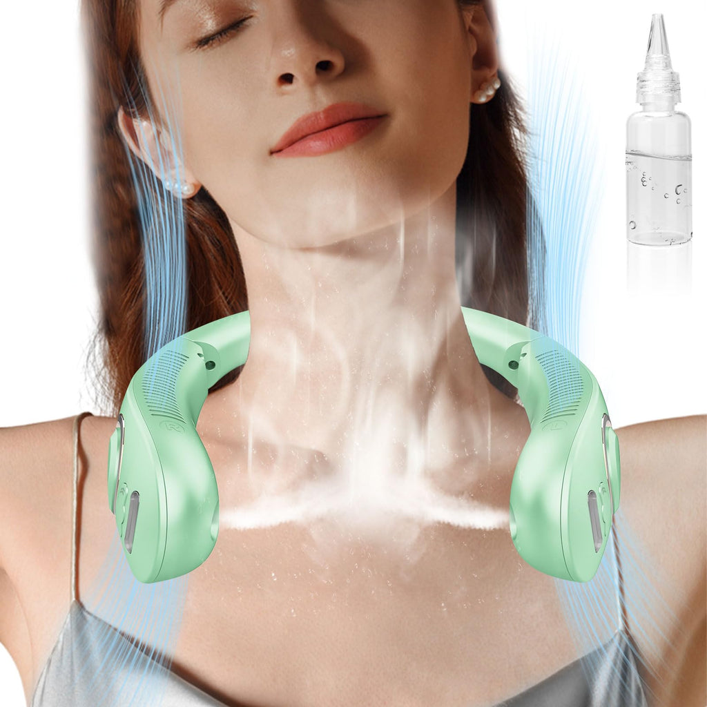 Portable Neck Fans with Mist, Rechargeable 4-9H Lasting Neck Cooling that Blow Cold Air, 5 Speeds & LED display, USB-C Bladeless Folding Personal Mister for Kid Adult Indoor Outdoors Sports, White