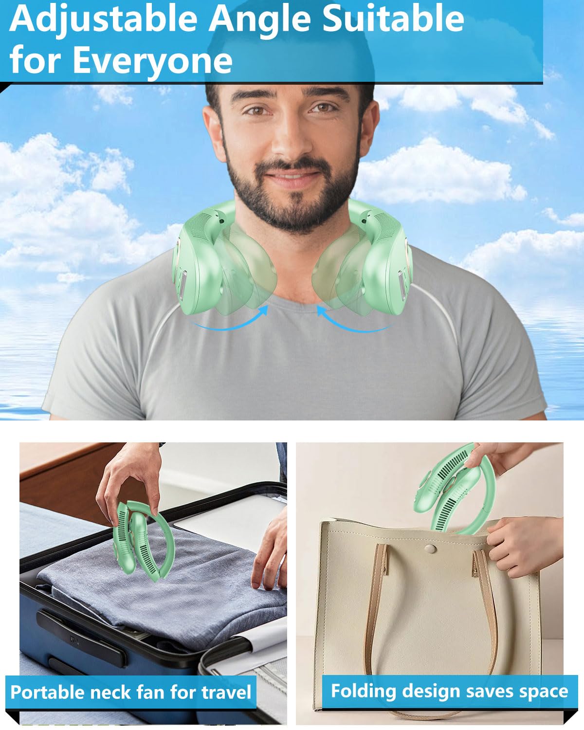 Portable Neck Fans with Mist, Rechargeable 4-9H Lasting Neck Cooling that Blow Cold Air, 5 Speeds & LED display, USB-C Bladeless Folding Personal Mister for Kid Adult Indoor Outdoors Sports, White