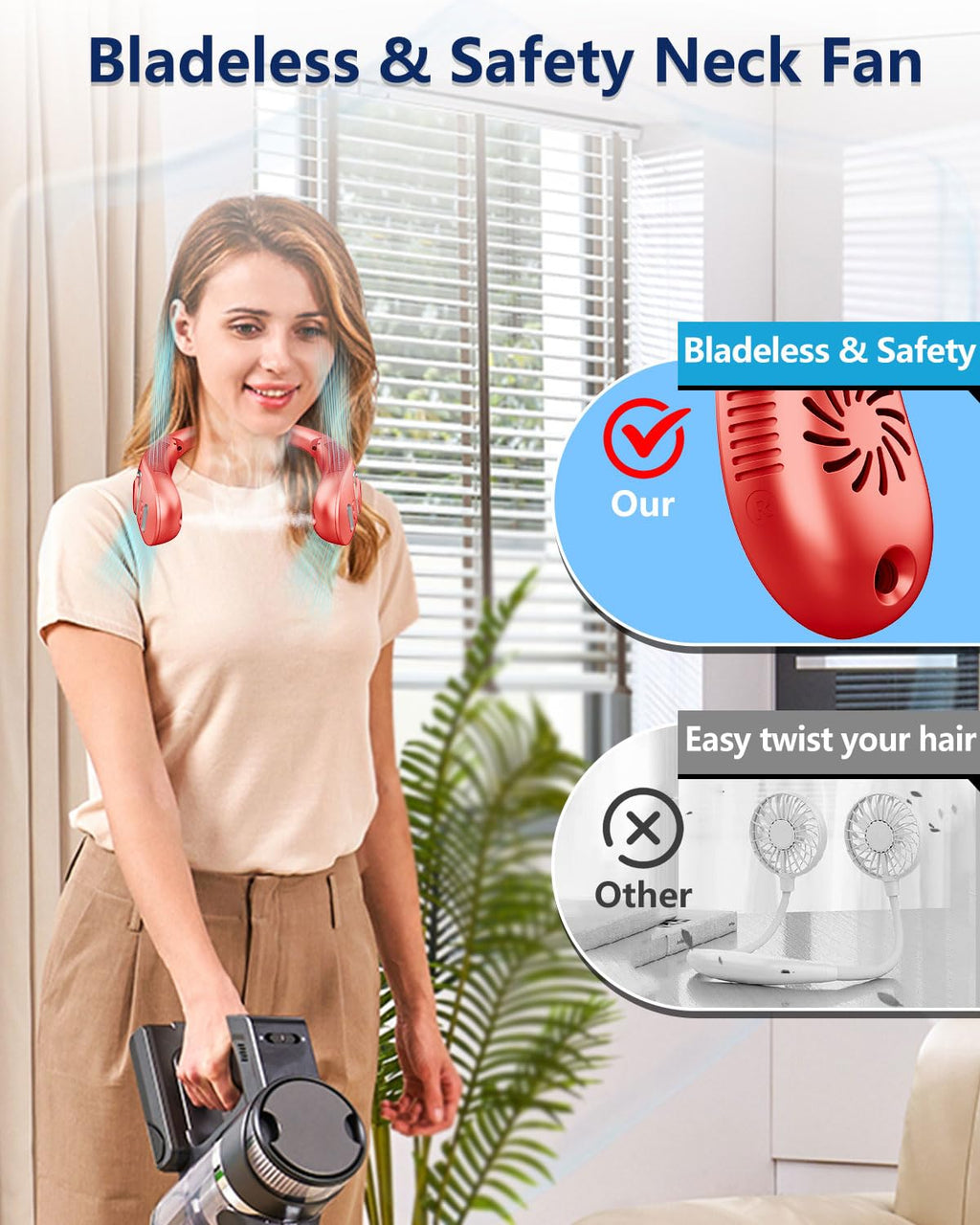 Portable Neck Fans with Mist, Rechargeable 4-9H Lasting Neck Cooling that Blow Cold Air, 5 Speeds & LED display, USB-C Bladeless Folding Personal Mister for Kid Adult Indoor Outdoors Sports, White