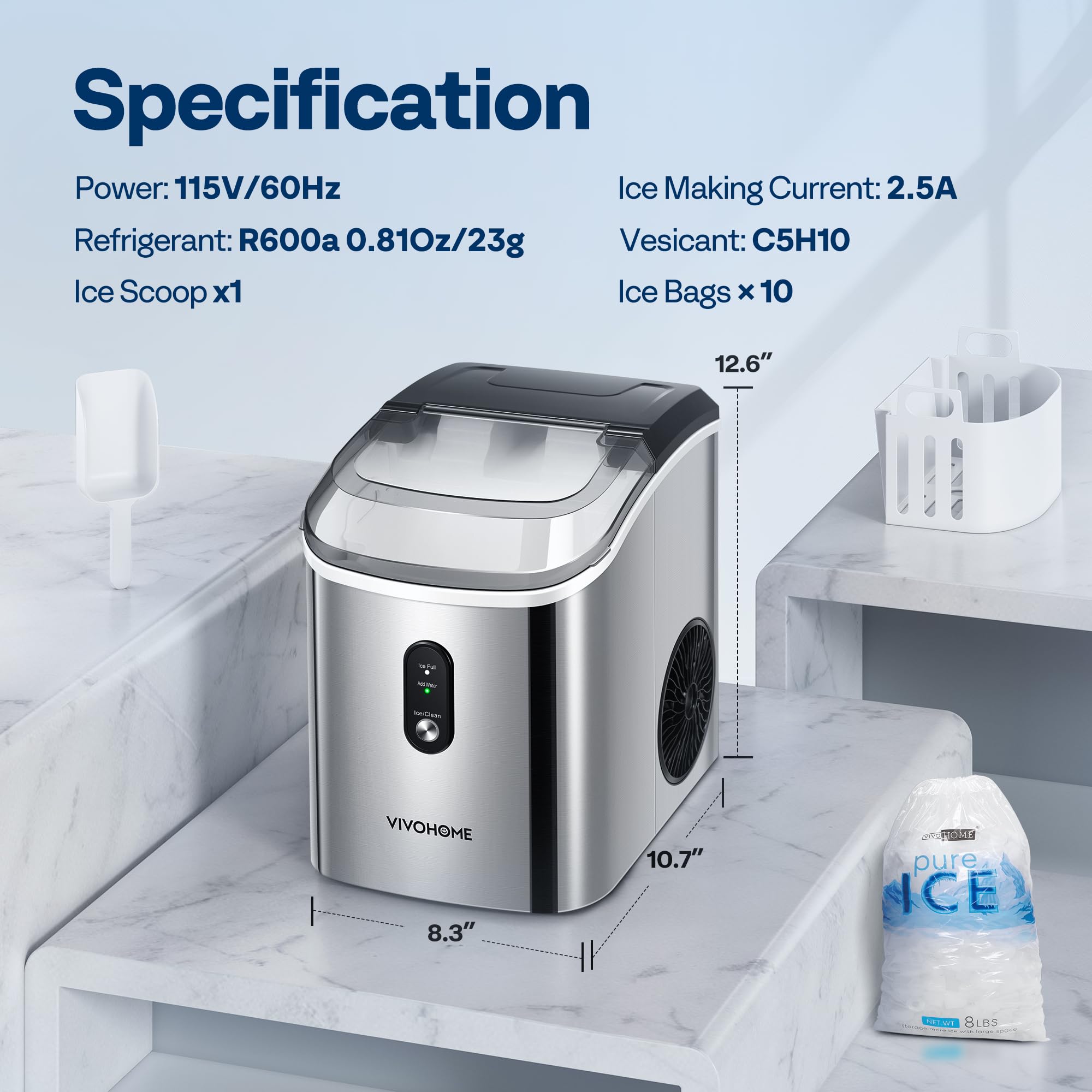 VIVOHOME Nugget Ice Maker Countertop, 45lbs/Day Pebble Ice Maker Machine, Soft Chewable Pellet Ice Machine with Self-Cleaning, Scoop, 10 Ice Bags, for Home Kitchen, RV, Camping, Office