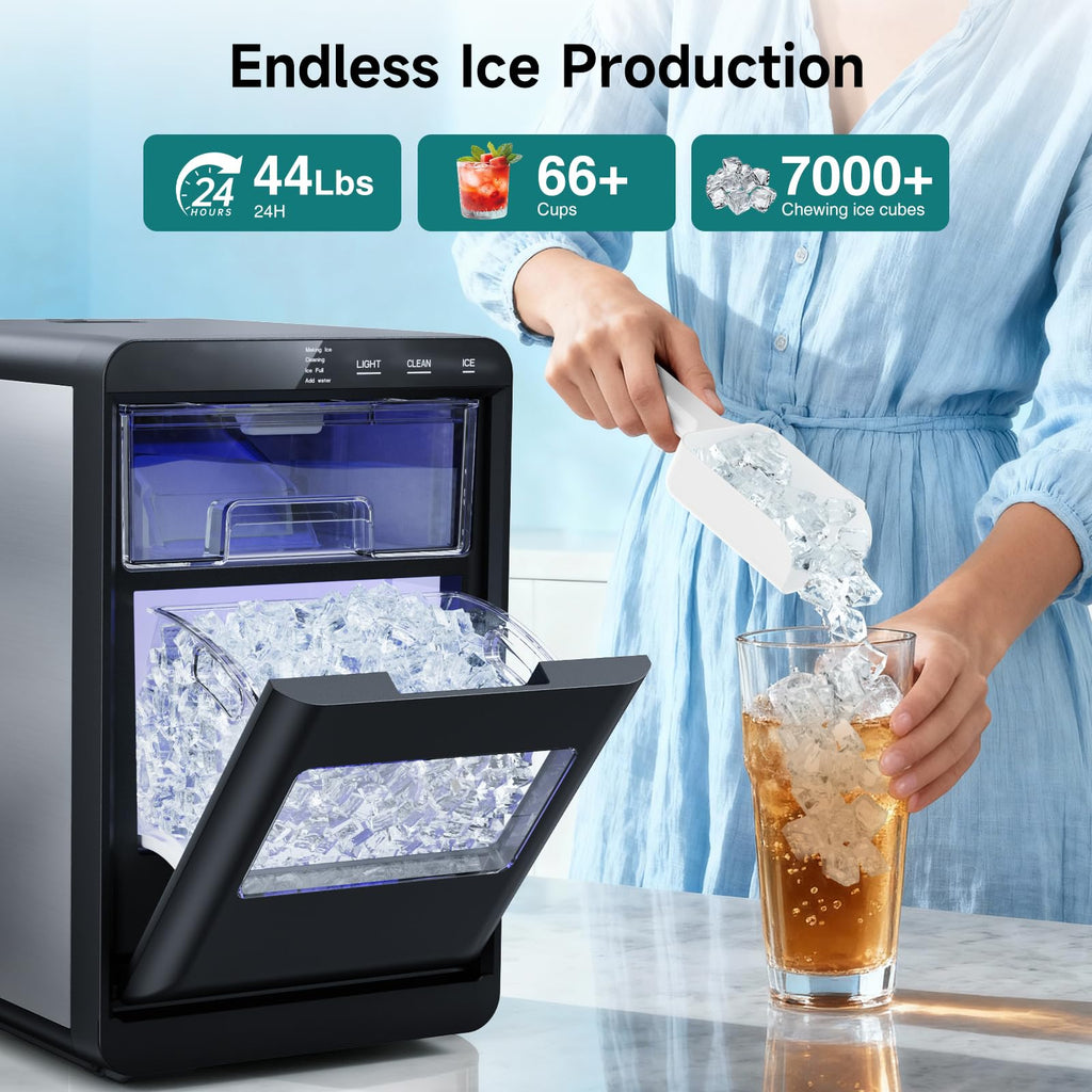 Nugget Ice Maker Countertop, 44Lbs/24H Pebble Ice Maker with Water Tank, Soft Chewable Pellet Ice Machine with Self-Cleaning for Kitchens/Home/Office