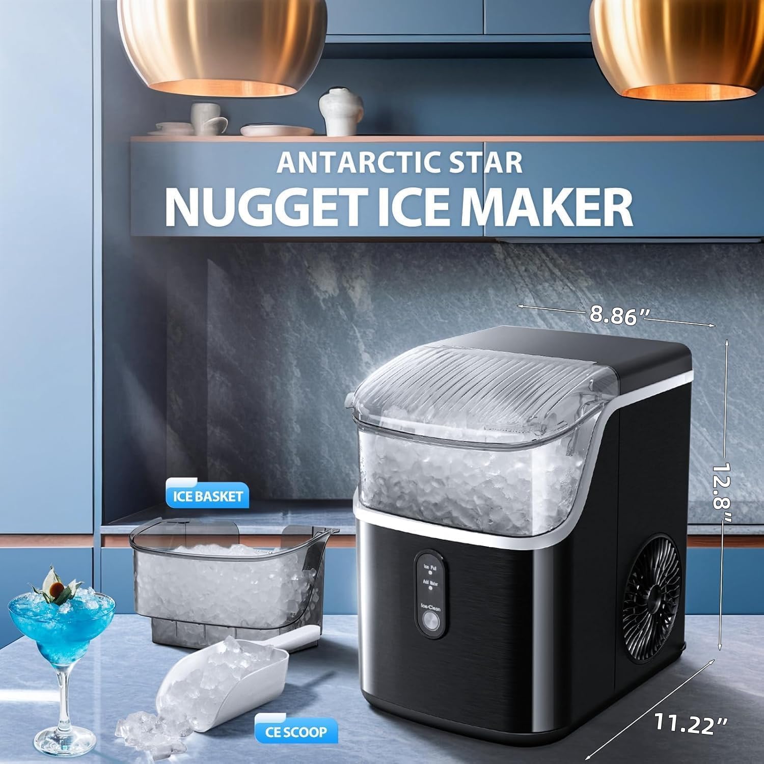 Antarctic Star Nugget Ice Makers Countertop, Pebble Ice Machine with Chewable Pellet Ice, 35Lbs/24H, Self-Cleaning, Sonic Ice, One-Click Operation, for Kitchen,Party Stainless Steel Silver