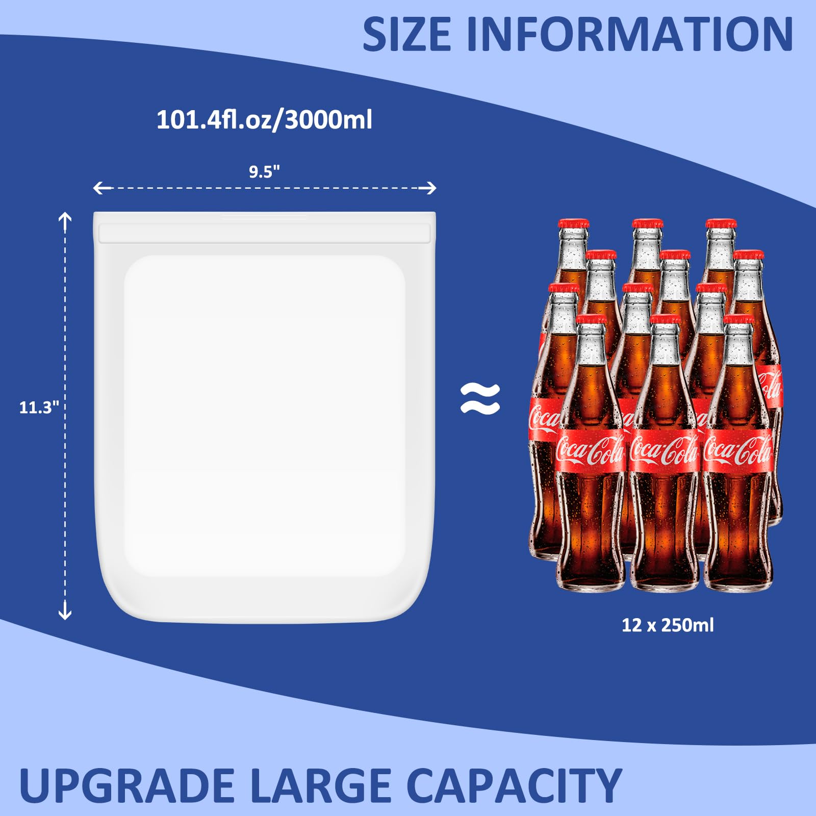 Extra Large Reusable Silicone Food Storage Bags 4 Pack, 0.8 Gallon/3000ml, 100% Silicone Stand-Up Wide-Open Zip-Lock Reusable Bags for Large Items, Microwave Freezer Oven Dishwasher Safe, Translucent