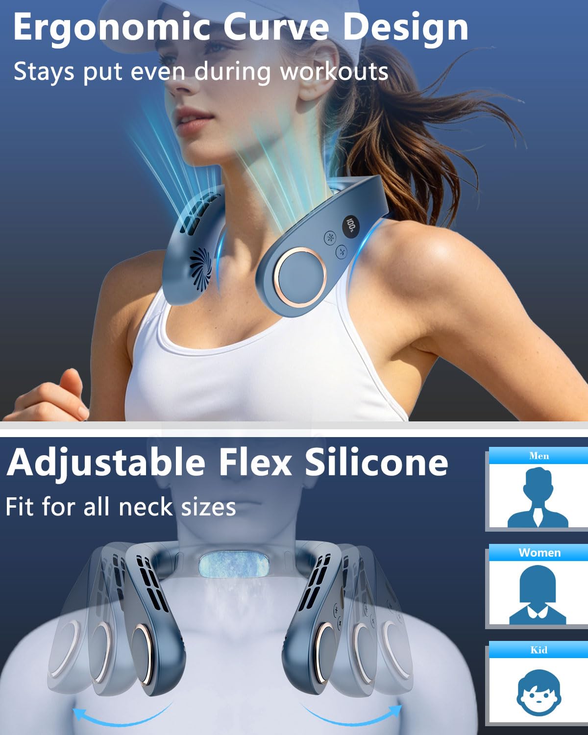 Neck Fan with Cooling Plate,5500mAh Rechargeable, Ultra Quiet Operation, 5 Speeds & 3 Cooling Modes, USB-C Fast Charging, LED Display Battery & Gear, Bladeless Fans that Blow Cold Air for Travel Blue