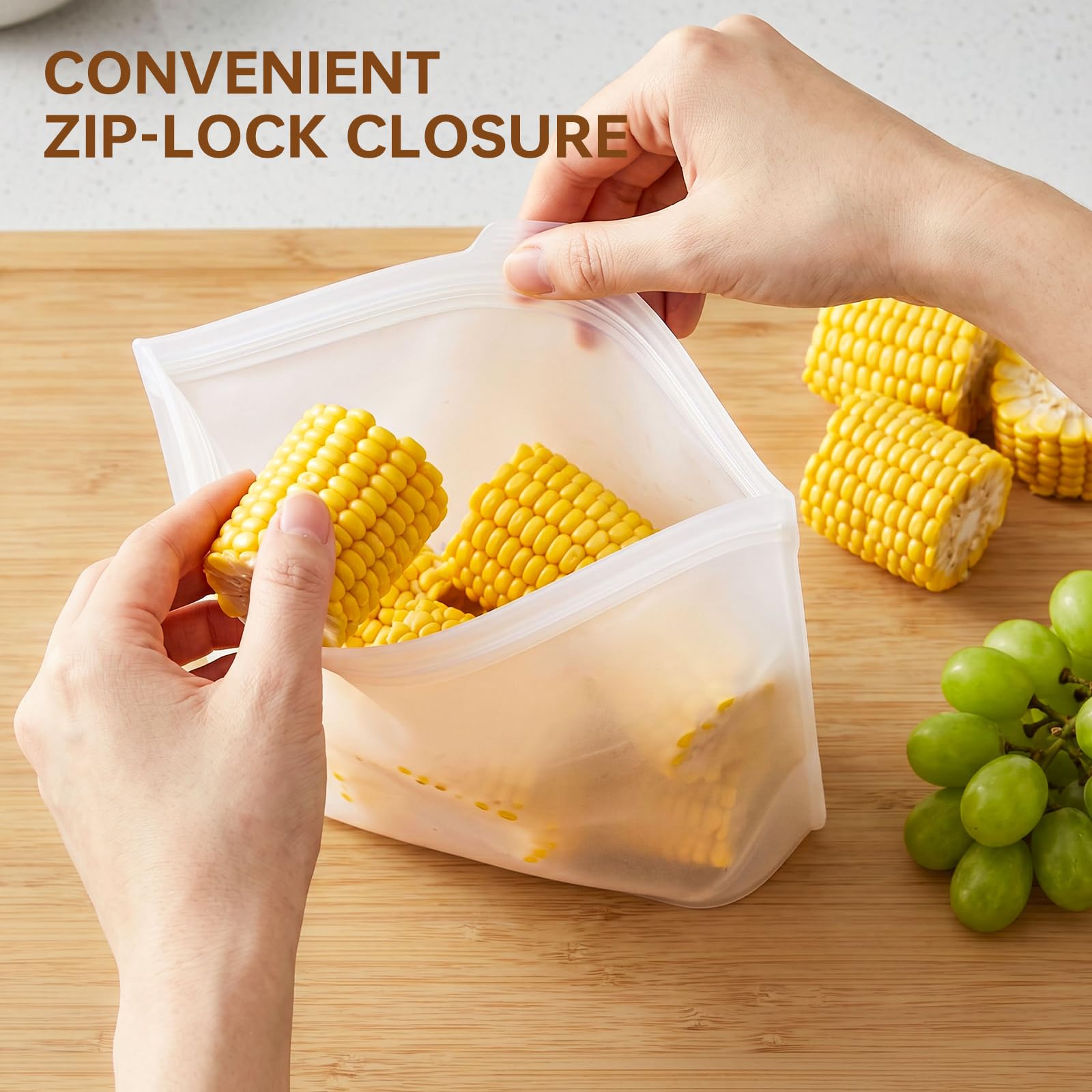 Reusable Silicone Food Storage Bags, 100% Silicone Stand-Up Wide-Open Zip-Lock Reusable Storage Bags for Food, Freezer Microwave Oven Dishwasher Safe (Translucent | M+S | 8 PC)