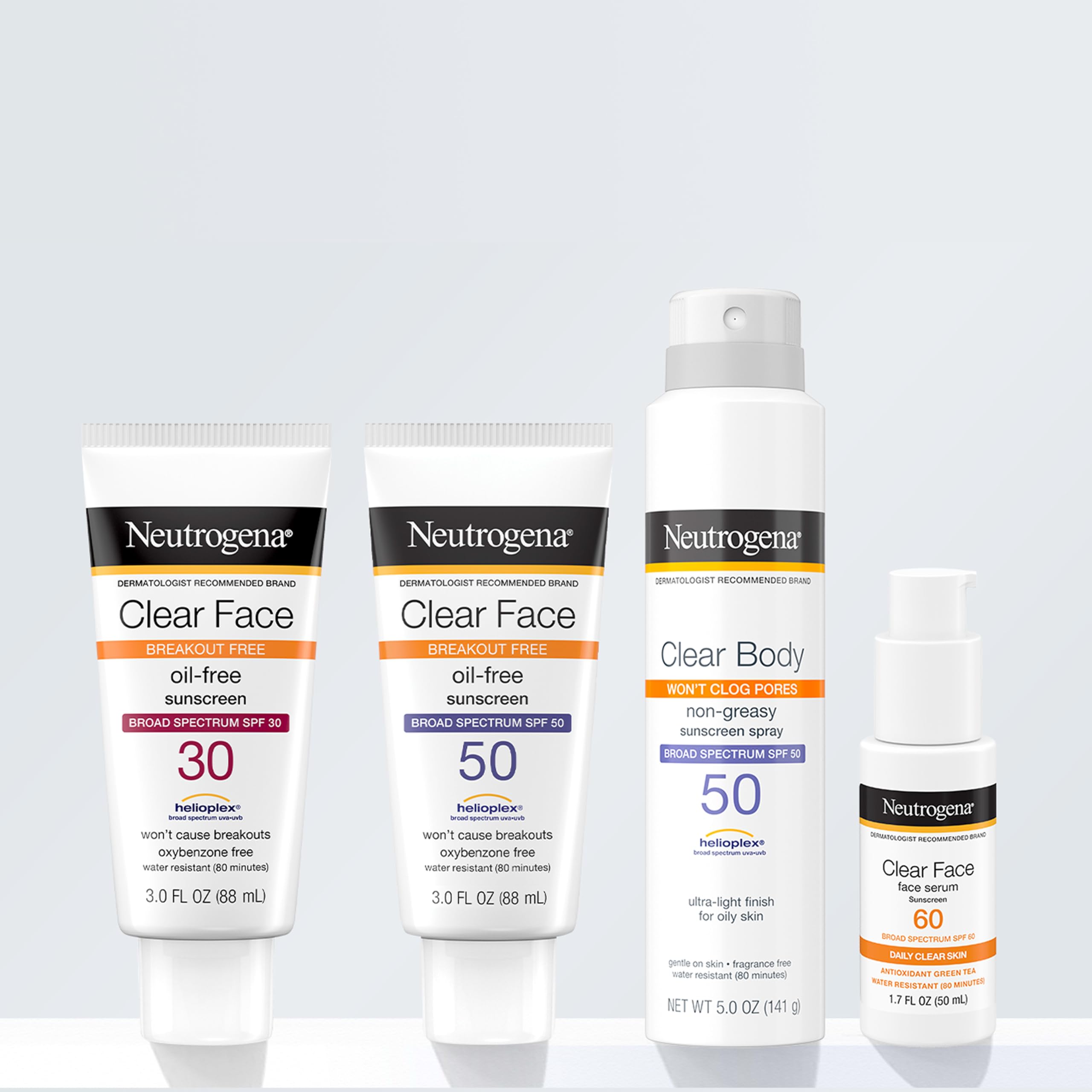 Neutrogena Clear Face Sunscreen for Acne-Prone Skin SPF 30, Broad Spectrum Facial Sunscreen Lotion, Lightweight, Non Comedogenic, Fragrance- & Oxybenzone-Free Water Resistant (80 min), 3 fl. oz