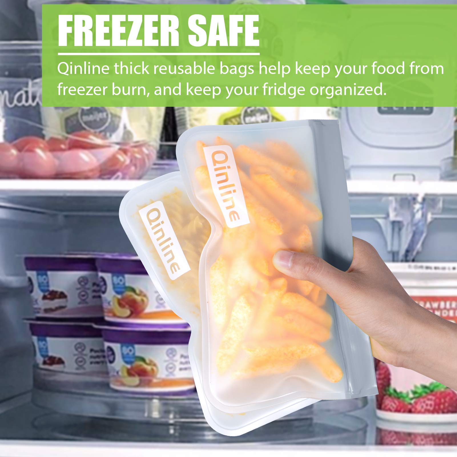 Qinline Reusable Food Storage Bags - 24 Pack Freezer Extra Thick Leakproof Lunch Bag - 8 Gallon 8 Sandwich 8 Snack Bags
