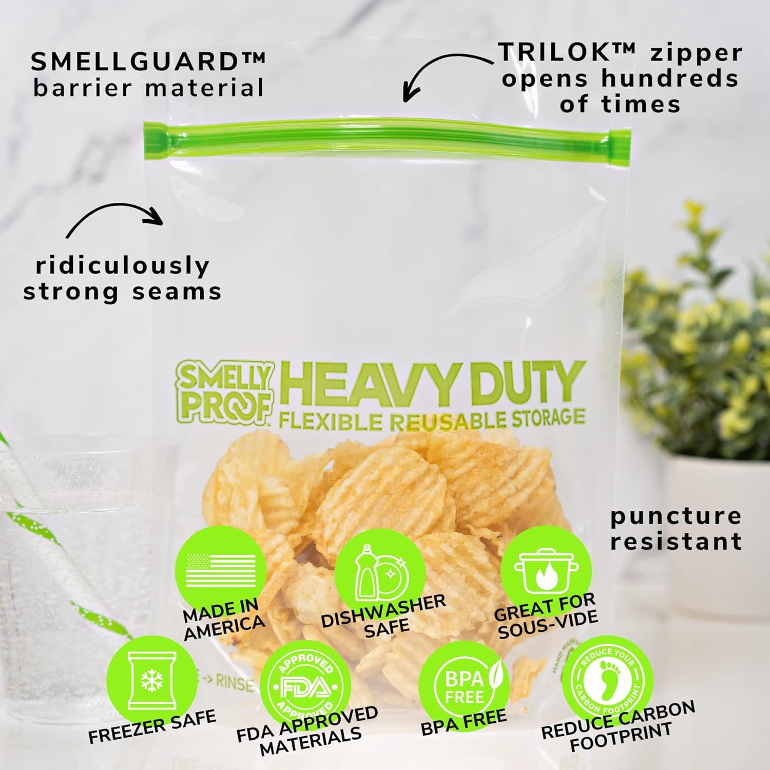 Smelly Proof HEAVY DUTY Reusable STAND-UP Bags for Food Storage, USA Made, NO PEVA & BPA FREE, Reusable Freezer Bags, Dishwasher-Safe, Triple Zip, CLEAR 5-mils XXL 2-Gallon 12" x 16" - 5pk