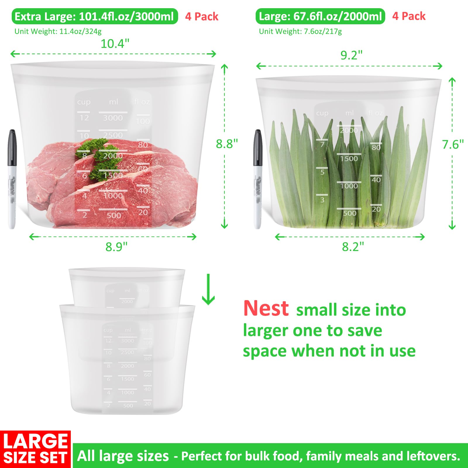 100% Platinum Silicone Reusable Storage Bags, 12 Pack, Premium Silicone Food Storage Bag Stand-Up Wide-Mouth Zip-Lock, Freezer Microwave Oven Dishwasher Safe, 4 M + 4 S + 4 XS, Crystal-Clear