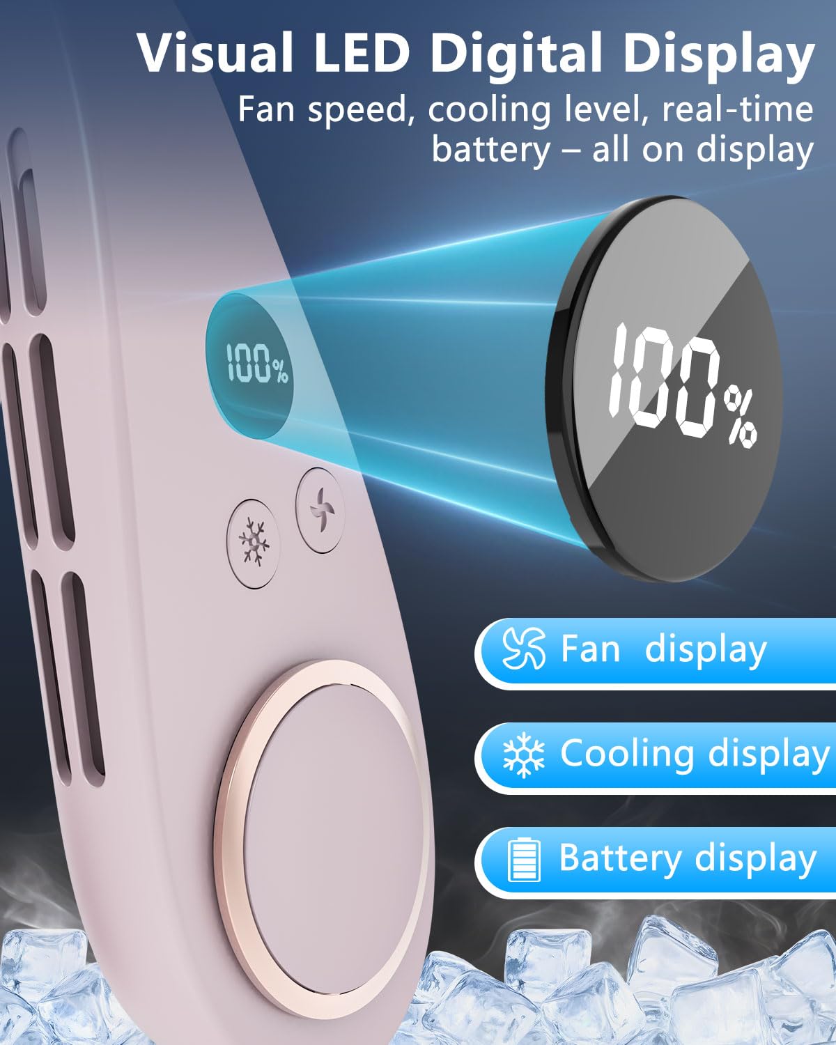 Neck Fan with Cooling Plate,5500mAh Rechargeable, Ultra Quiet Operation, 5 Speeds & 3 Cooling Modes, USB-C Fast Charging, LED Display Battery & Gear, Bladeless Fans that Blow Cold Air for Travel Blue