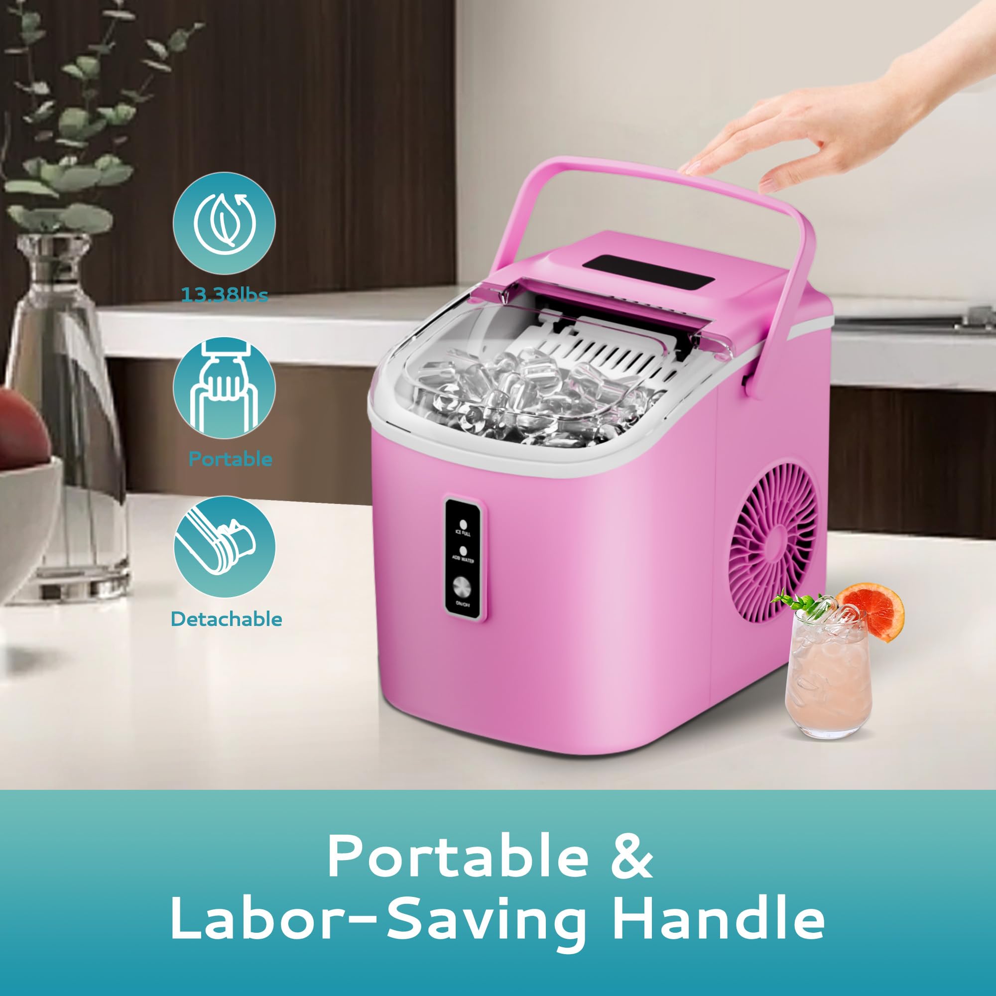 EUHOMY Ice Maker Countertop, Portable Ice Machine with Carry Handle, 26.5lbs Per Day, 9 Cubes in 6 Mins, Auto-Cleaning, with Basket and Scoop, for Home, Kitchen, Camping, RV (Silver)