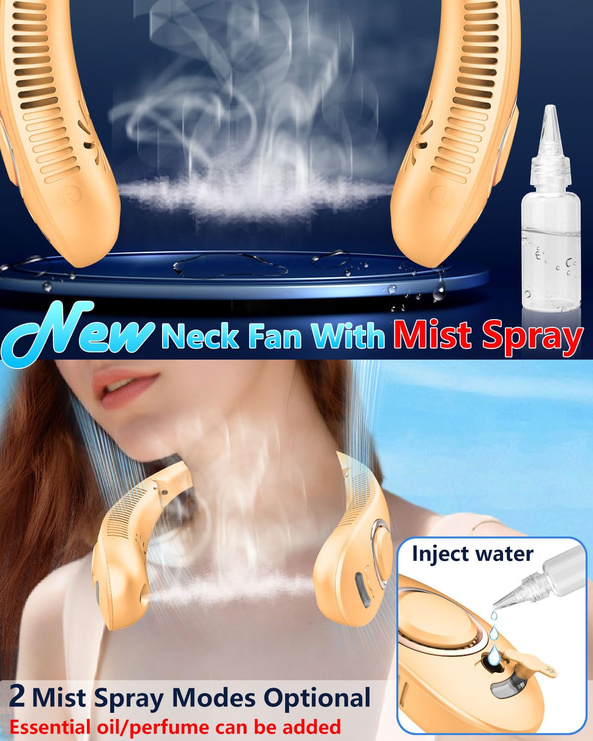 Portable Neck Fans with Mist, Rechargeable 4-9H Lasting Neck Cooling that Blow Cold Air, 5 Speeds & LED display, USB-C Bladeless Folding Personal Mister for Kid Adult Indoor Outdoors Sports, White