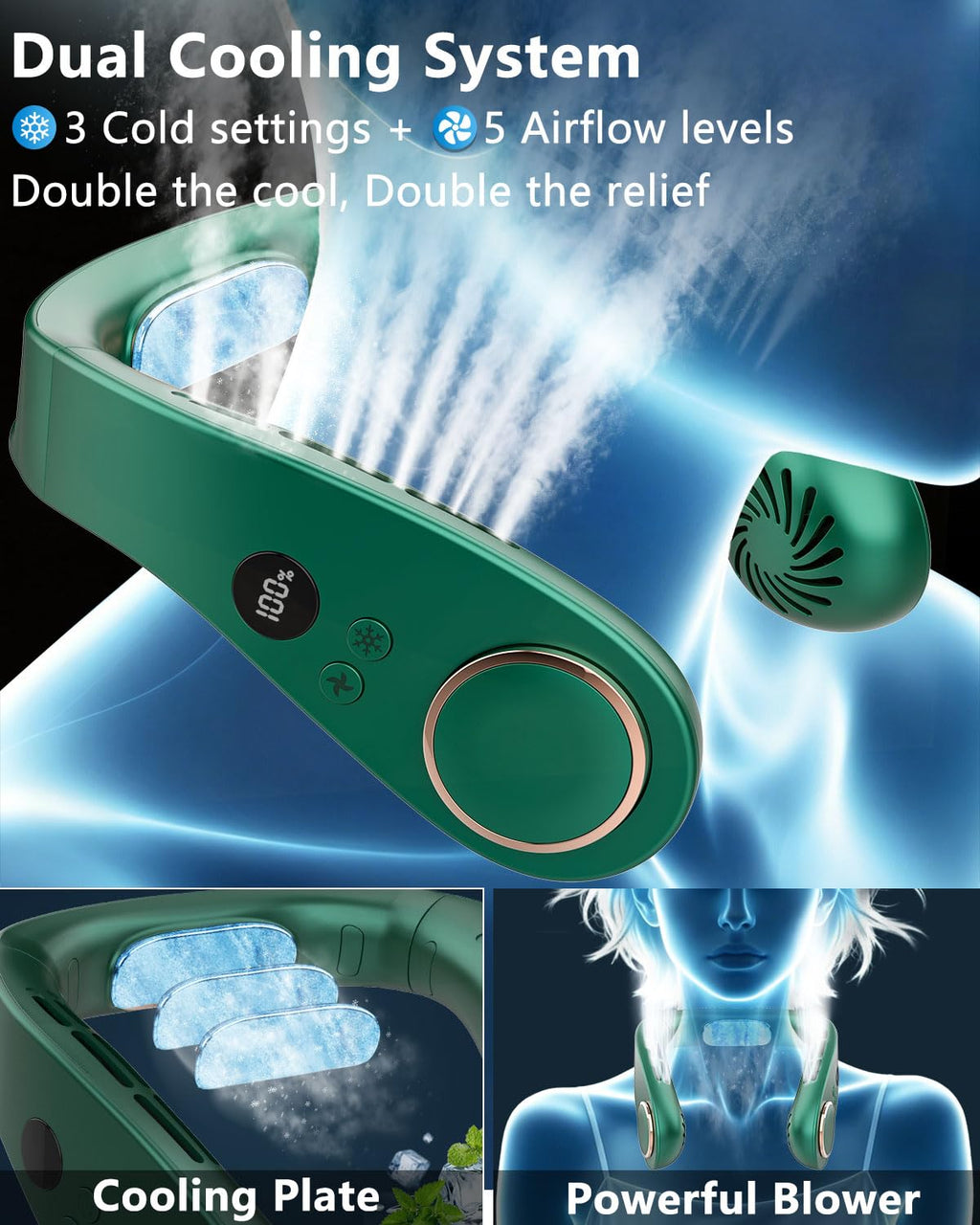 Neck Fan with Cooling Plate,5500mAh Rechargeable, Ultra Quiet Operation, 5 Speeds & 3 Cooling Modes, USB-C Fast Charging, LED Display Battery & Gear, Bladeless Fans that Blow Cold Air for Travel Blue