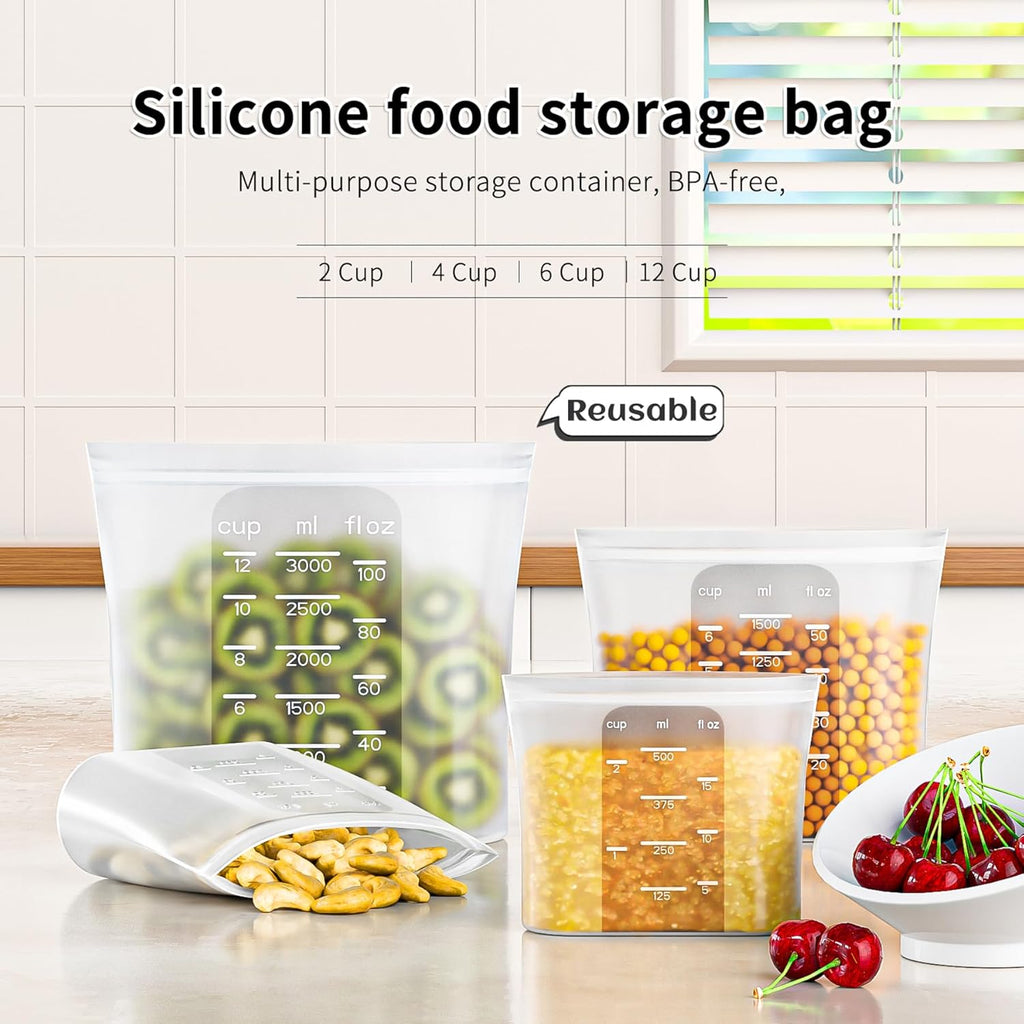 Bangp Premium Silicone Reusable Food Storage Bags,4 Pack | Stand-Up Bottom,Reclosable Freezer Bags for Soup,Sandwich,Salad Fruit,Snack,Leak-free,Food-safe Silicone,Oven,Dishwasher Safe