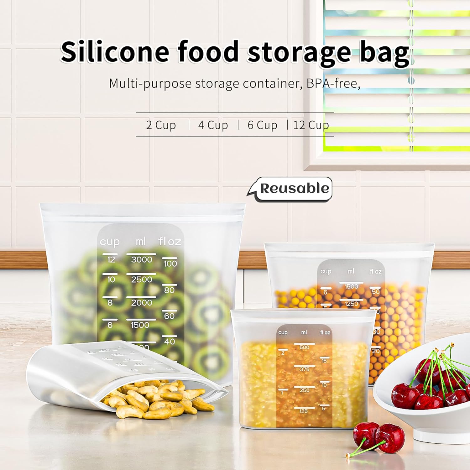 Bangp Premium Silicone Reusable Food Storage Bags,4 Pack | Stand-Up Bottom,Reclosable Freezer Bags for Soup,Sandwich,Salad Fruit,Snack,Leak-free,Food-safe Silicone,Oven,Dishwasher Safe