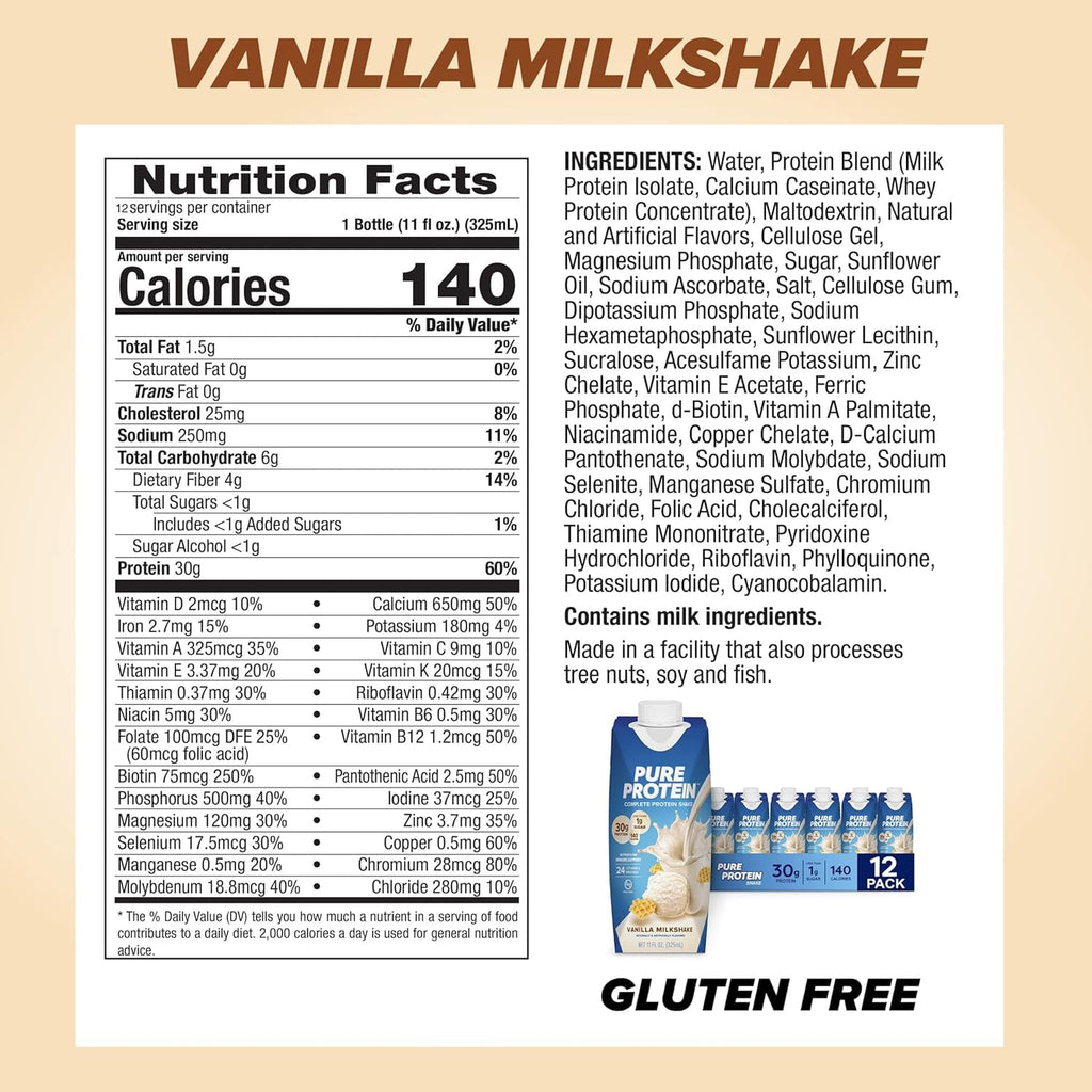Pure Protein Chocolate Protein Shake, 30g Complete Protein, Ready to Drink and Keto-Friendly, Vitamins A, C, D, and E plus Zinc to Support Immune Health, 11oz Bottles, 12 Pack