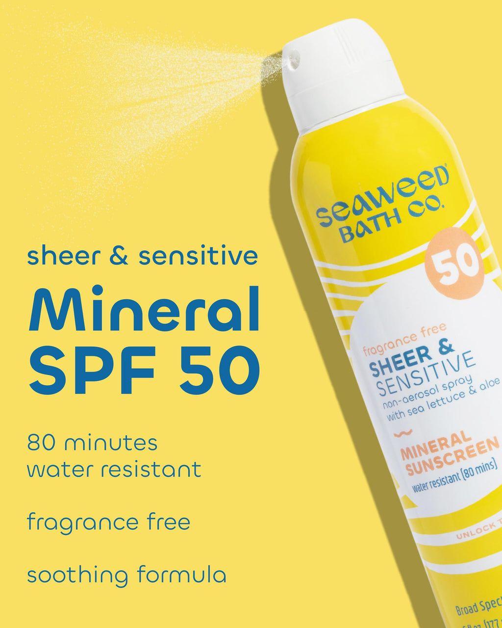 Seaweed Bath Co. Sheer Mineral Sensitive SPF 50 Broad Spectrum Sunscreen Spray - Fragrance Free, Non-Nano, Skin-Friendly Formula - 6 oz (Pack of 2)