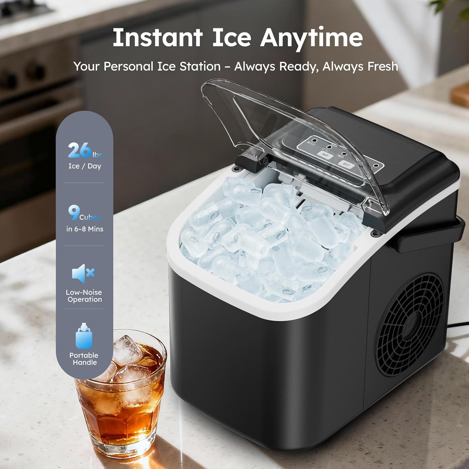 Ice Maker Countertop, 26lbs/24H Self-Cleaning Ice Machine with Handle, 8 Bullet Ice Cubes Ready in 6 Mins, Compact Ice Maker with Basket and Scoop for Home, Kitchen, Office, RV, Party