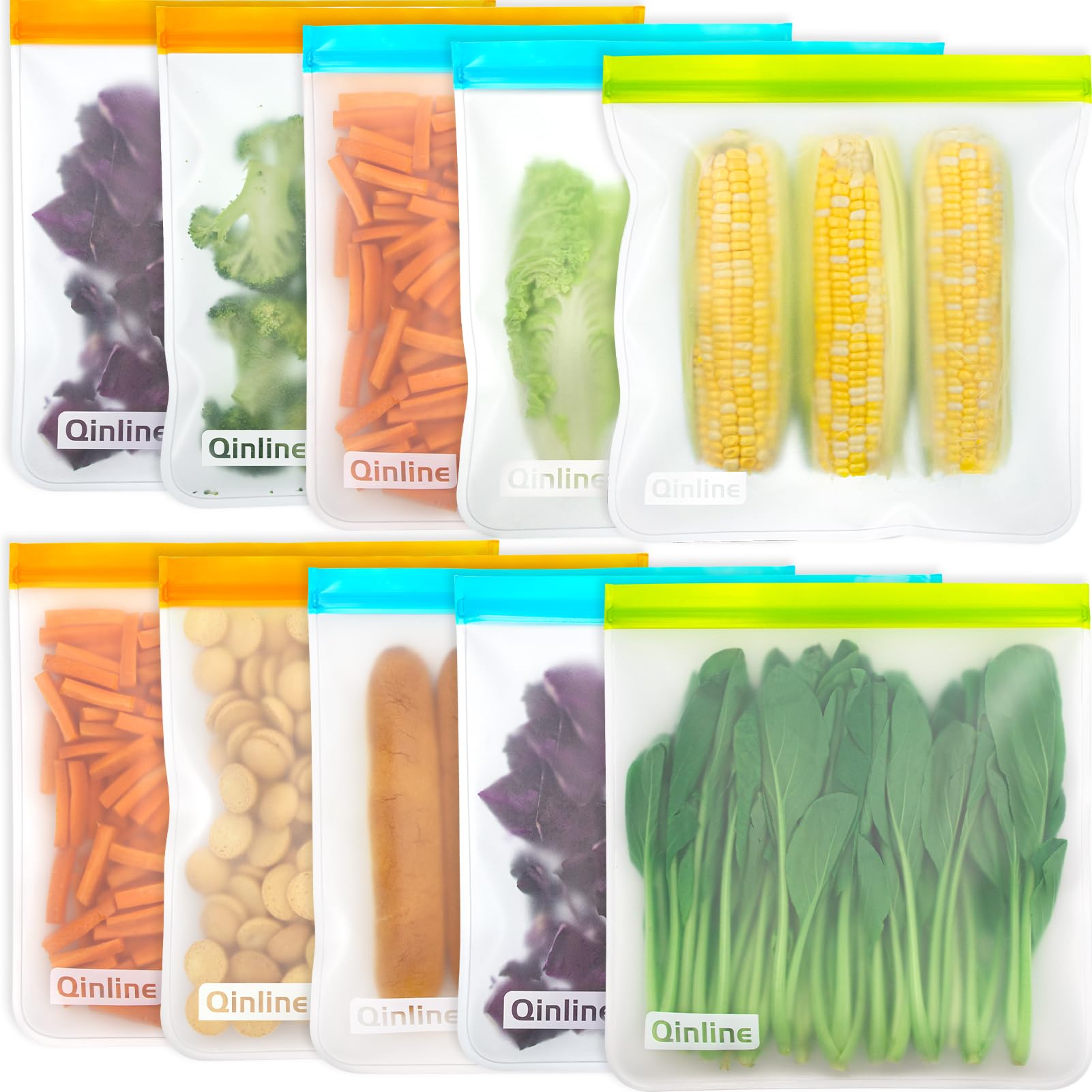 Qinline Reusable Food Storage Bags - 10 Pack Freezer Bags, Reusable Bags Silicone, Extra Thick Leakproof Reusable Lunch Bag for Salad Fruit Snack Travel - 2 Gallon 4 Sandwich 4 Snack Bags