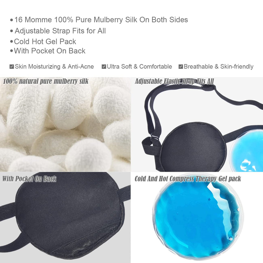Cooling Eye Patches for Puffy Eyes, Pure Silk Ice Eye Patch, Single Eye Mask, Medical One Eye Cover Cold Hot Therapy Strabismus Lazy Eyes After Surgery Adult Kid Pirate Eyepatch (Black)