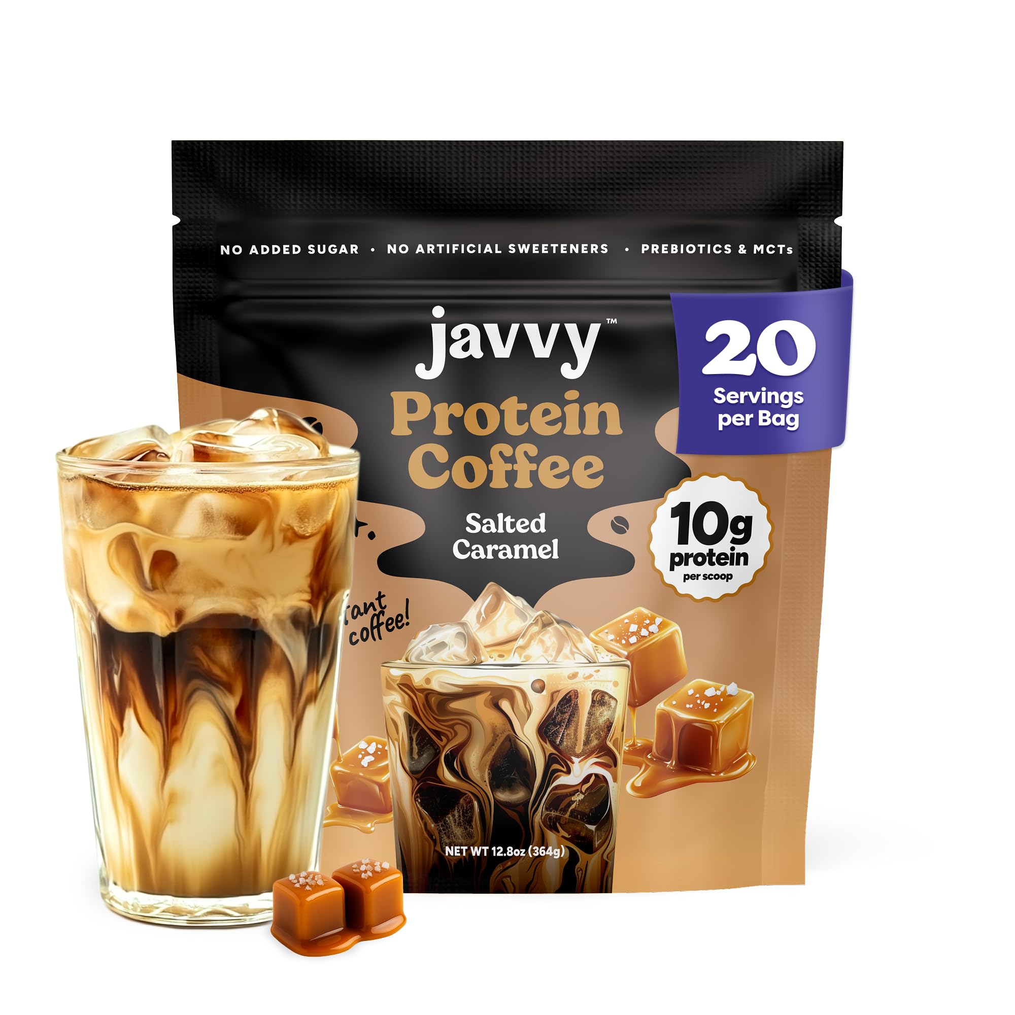 Javvy Protein Iced Coffee - Premium Whey Protein & Iced Coffees, 100% Natural Cold Brew, Zero Artificial Flavors & Sweeteners, 80mg Caffeine, No Added Sugar, 20 Servings, Caramel, 1 Pack