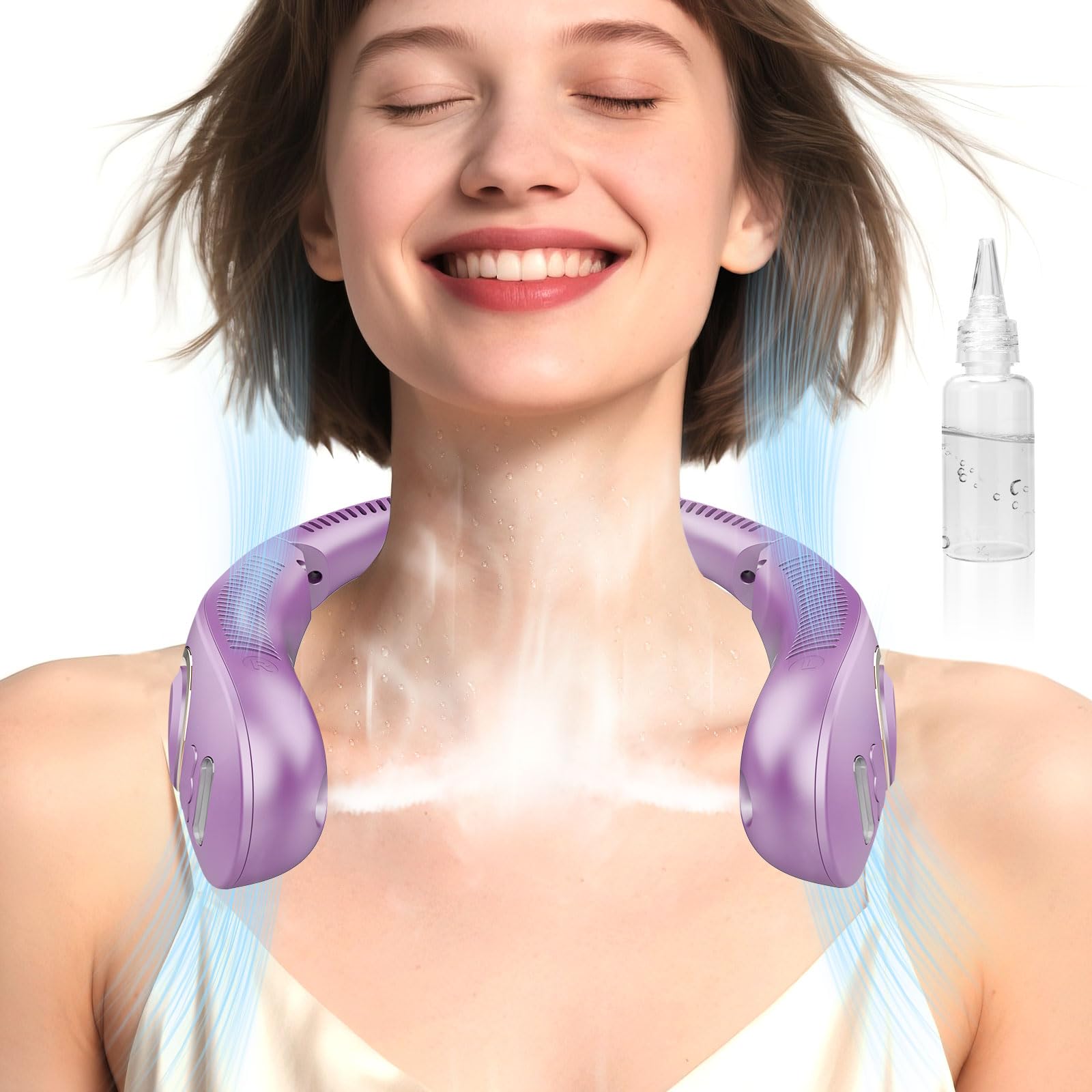 Portable Neck Fans with Mist, Rechargeable 4-9H Lasting Neck Cooling that Blow Cold Air, 5 Speeds & LED display, USB-C Bladeless Folding Personal Mister for Kid Adult Indoor Outdoors Sports, White